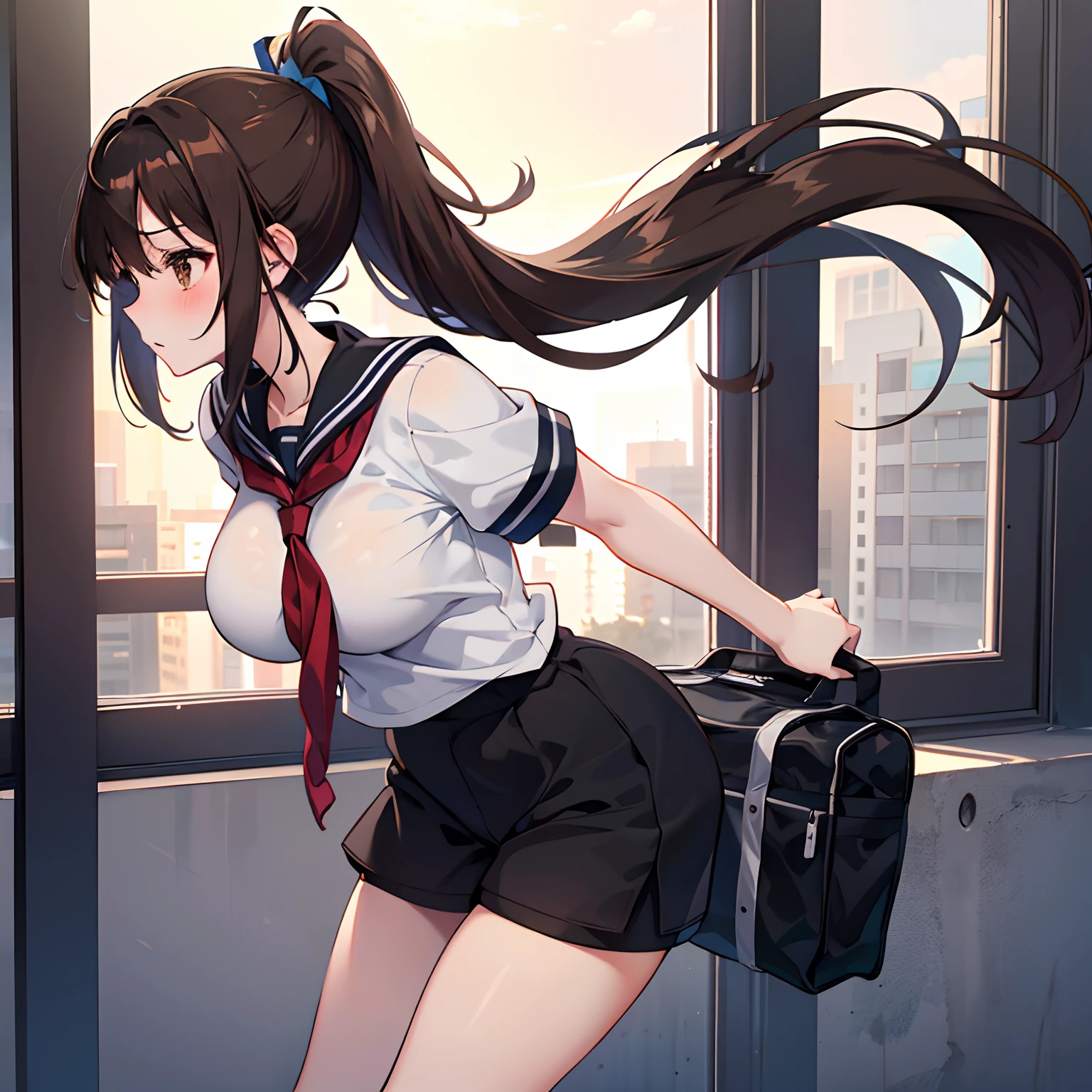 "anime girl, 1 person, dark brown hair, ponytail, brown eyes, wearing school gym uniform, tights, shorts, big breasts, blushing, solo, front view , (full HD 4K+ image )"