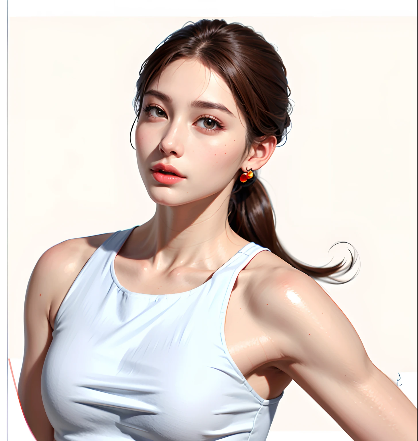 Painting of a woman with a ponytail and a vest, line art portrait, Outline sketch, realistic line drawing, Line sketch, Detailed face and body, face line drawing,with a round face,brunette color hair,Clear face lines,Soft facial features