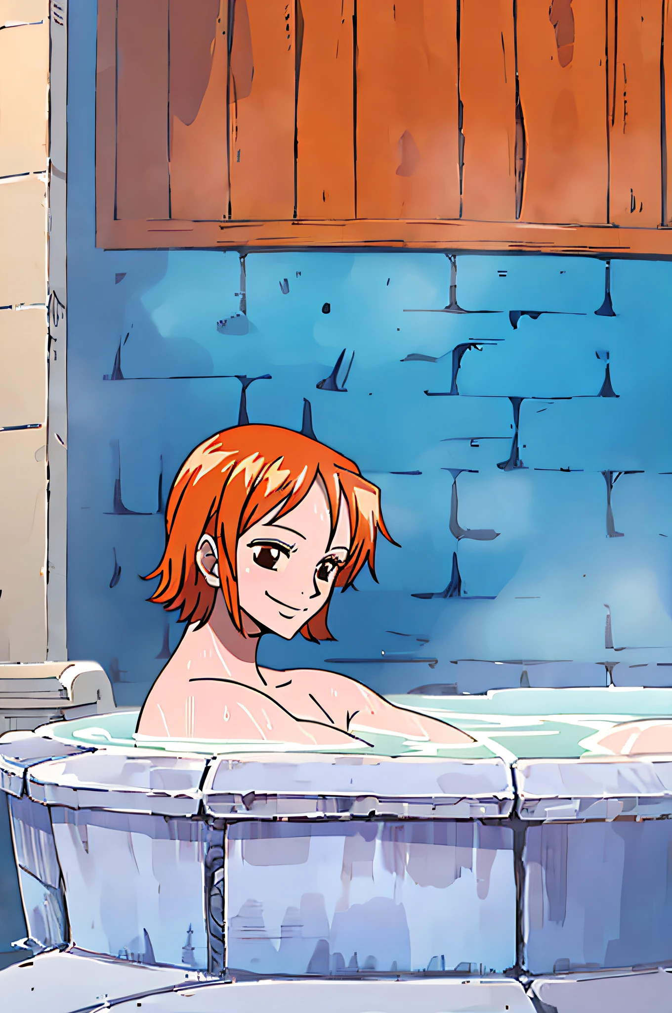 nami, 1girl, solo, breasts, smile, short_hair, large_breasts, brown_eyes, closed_mouth, orange_hair,, night, bath, 浴室, bathing, ducha, nude, desnudo, big breasts