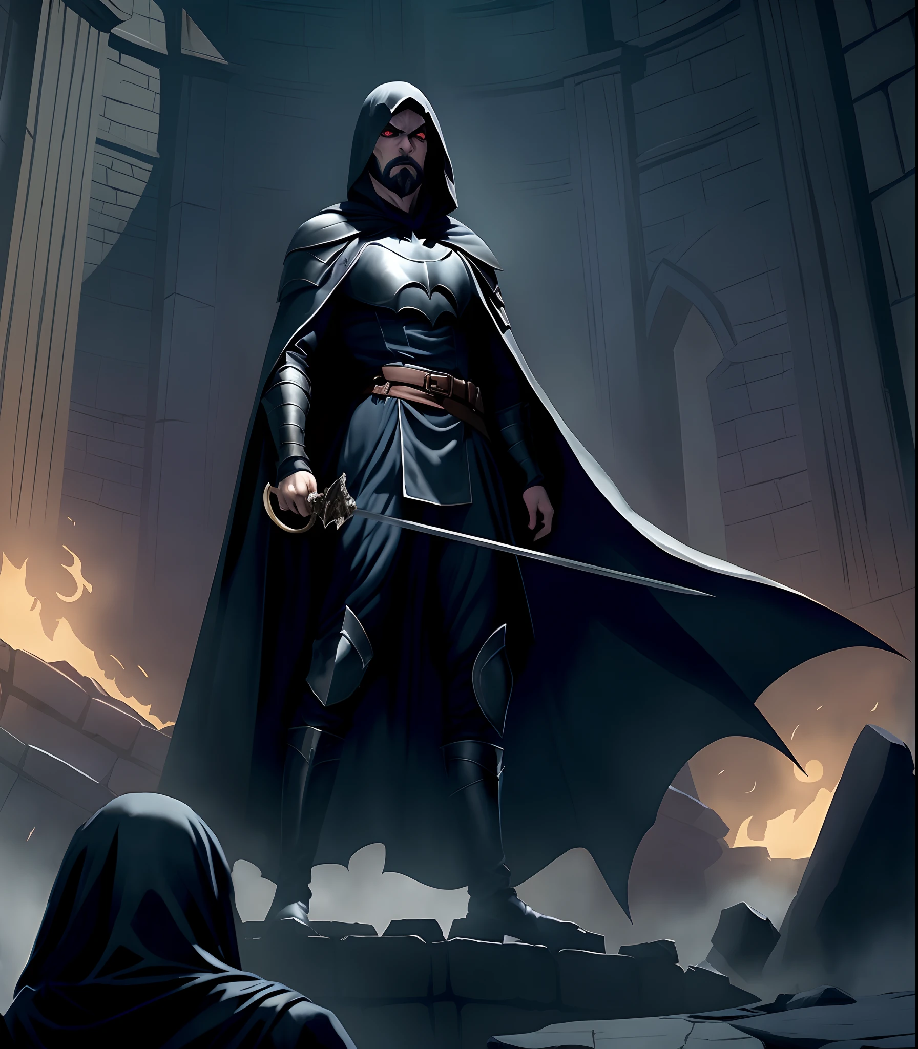medieval fantasy epic batman vampire, red big wide eyes, big fangs, pale skin, shadow echo knight assassin, duelist vampire with thin low beard holding a rapier, rpg art, dnd, dungeons and dragons, rogue stealth stand on a stone platform