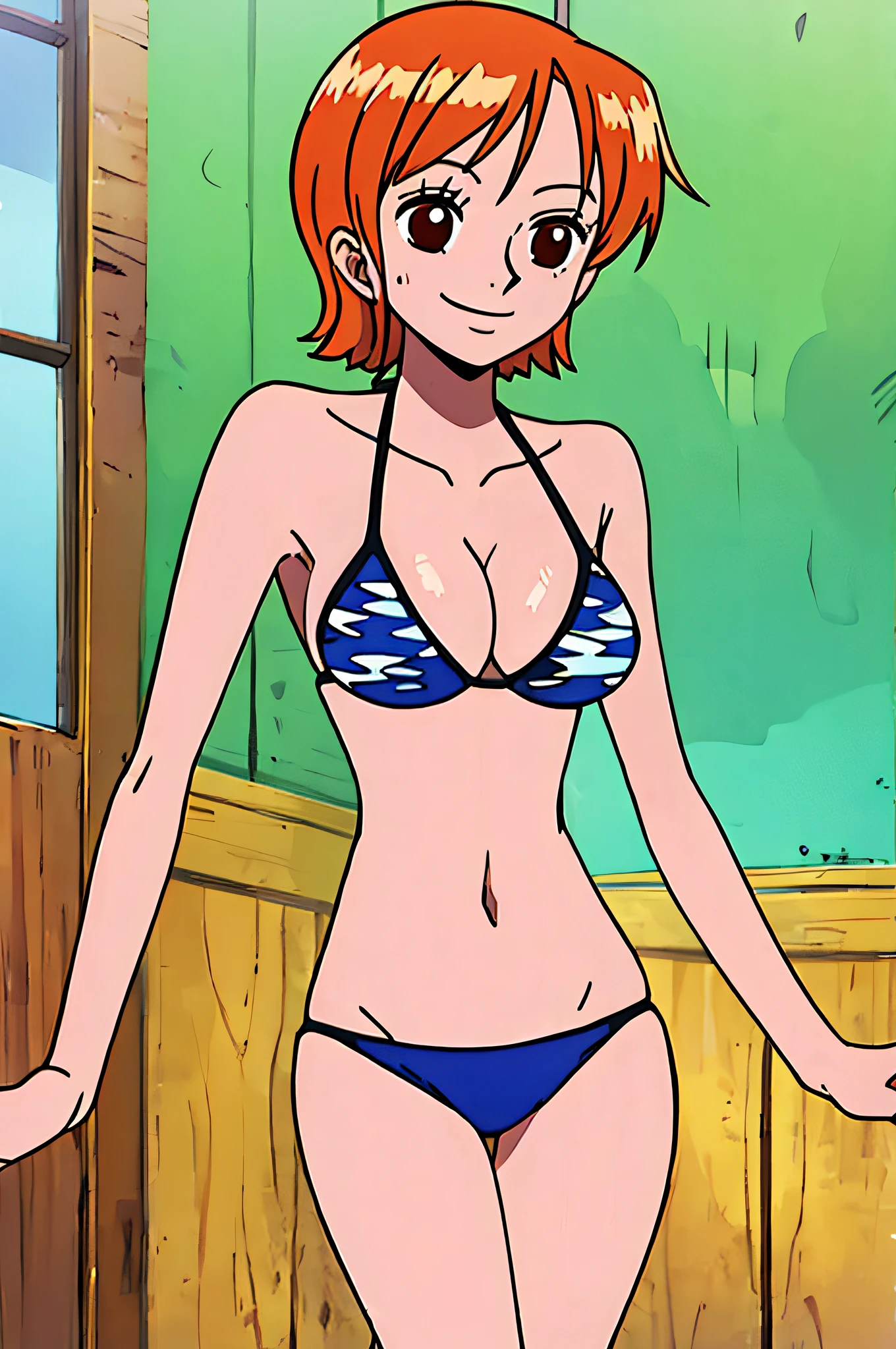 nami, 1girl, solo, breasts, smile, short_hair, large_breasts, brown_eyes, medium_breasts, closed_mouth, bikini, orange_hair,, night, room,