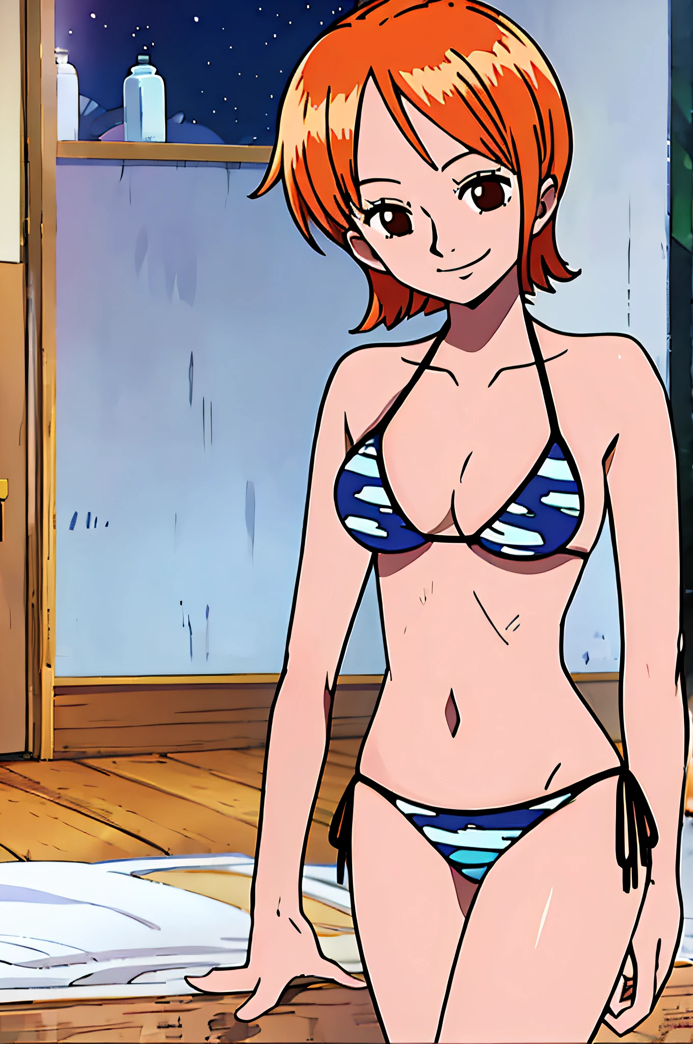 nami, 1girl, solo, breasts, smile, short_hair, large_breasts, brown_eyes, medium_breasts, closed_mouth, bikini, orange_hair,, night, room,