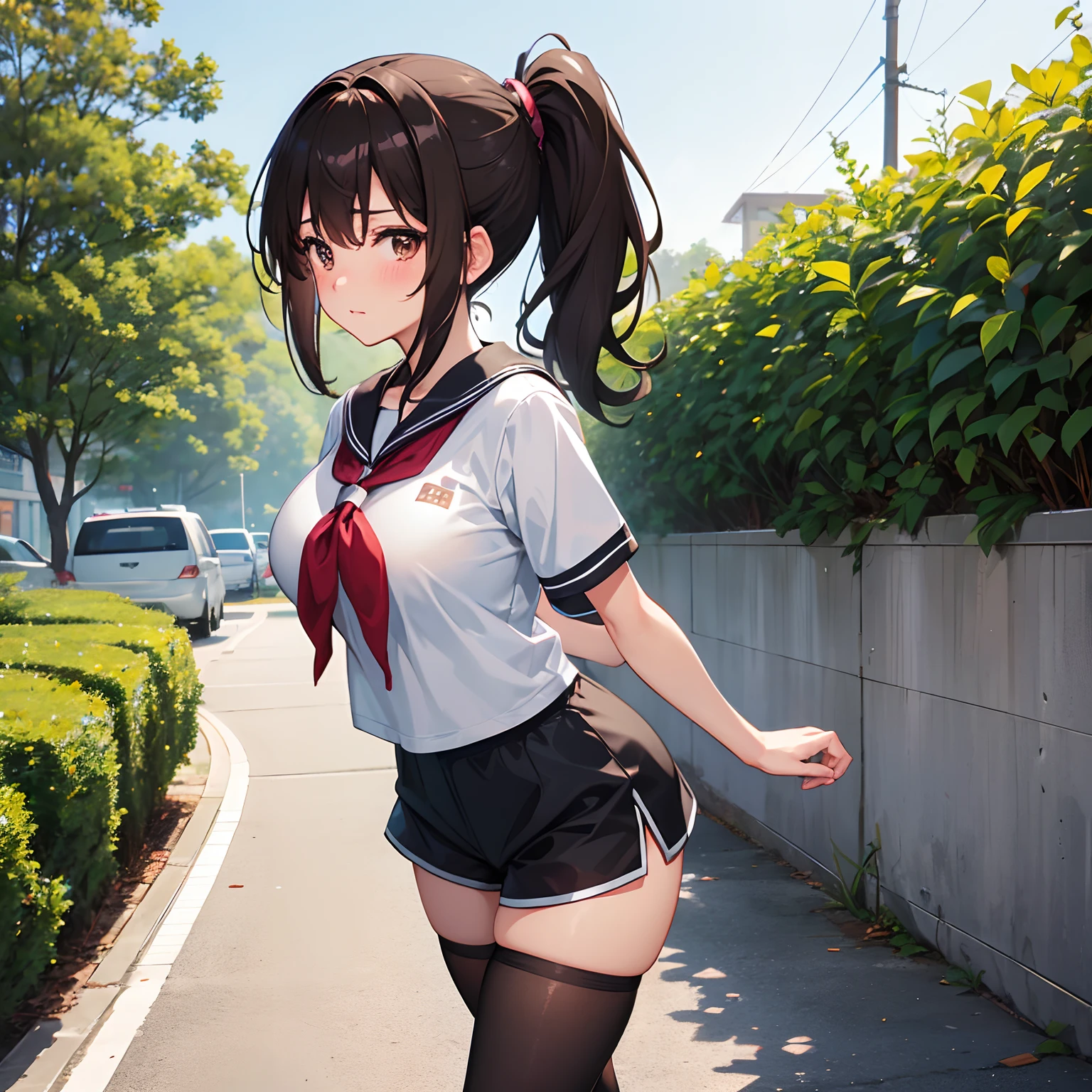 "anime girl, 1 person, dark brown hair, ponytail, brown eyes, wearing school gym uniform, tights, shorts, big breasts, blushing, solo, front view  , (full HD 4K+ image )"