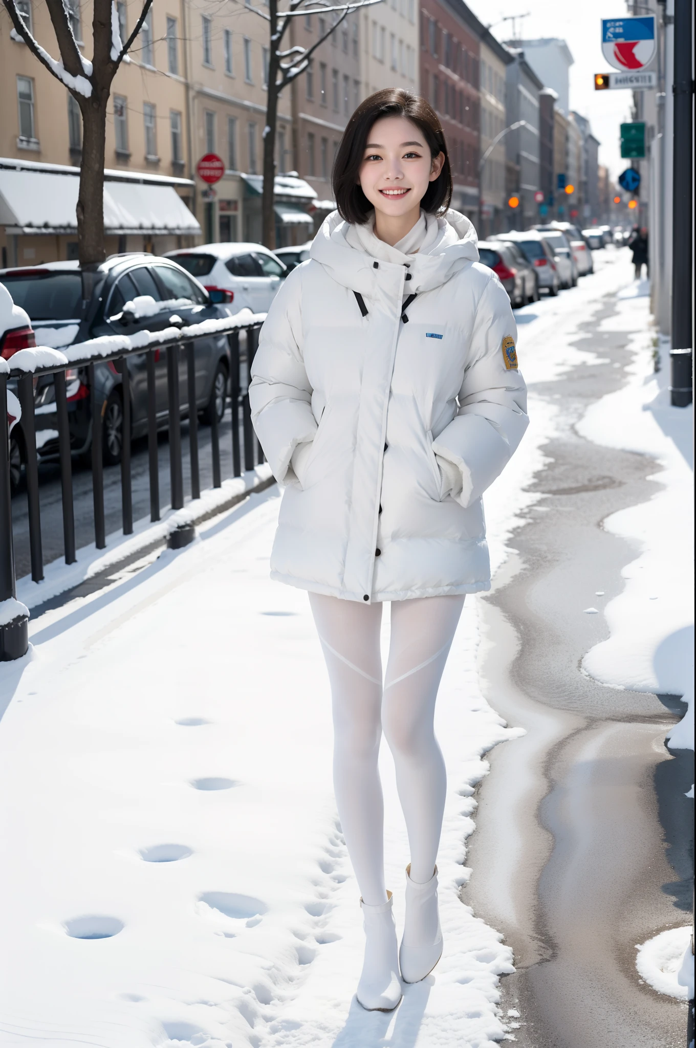 (masterpiece:1.2, best quality), 1girl, young teen, slim, white down jacket, (white pantyhose),shoulder length straight short black hair, smile, walk the street, winter, snow, white, bright, watercolor,small breasts,slim,thin