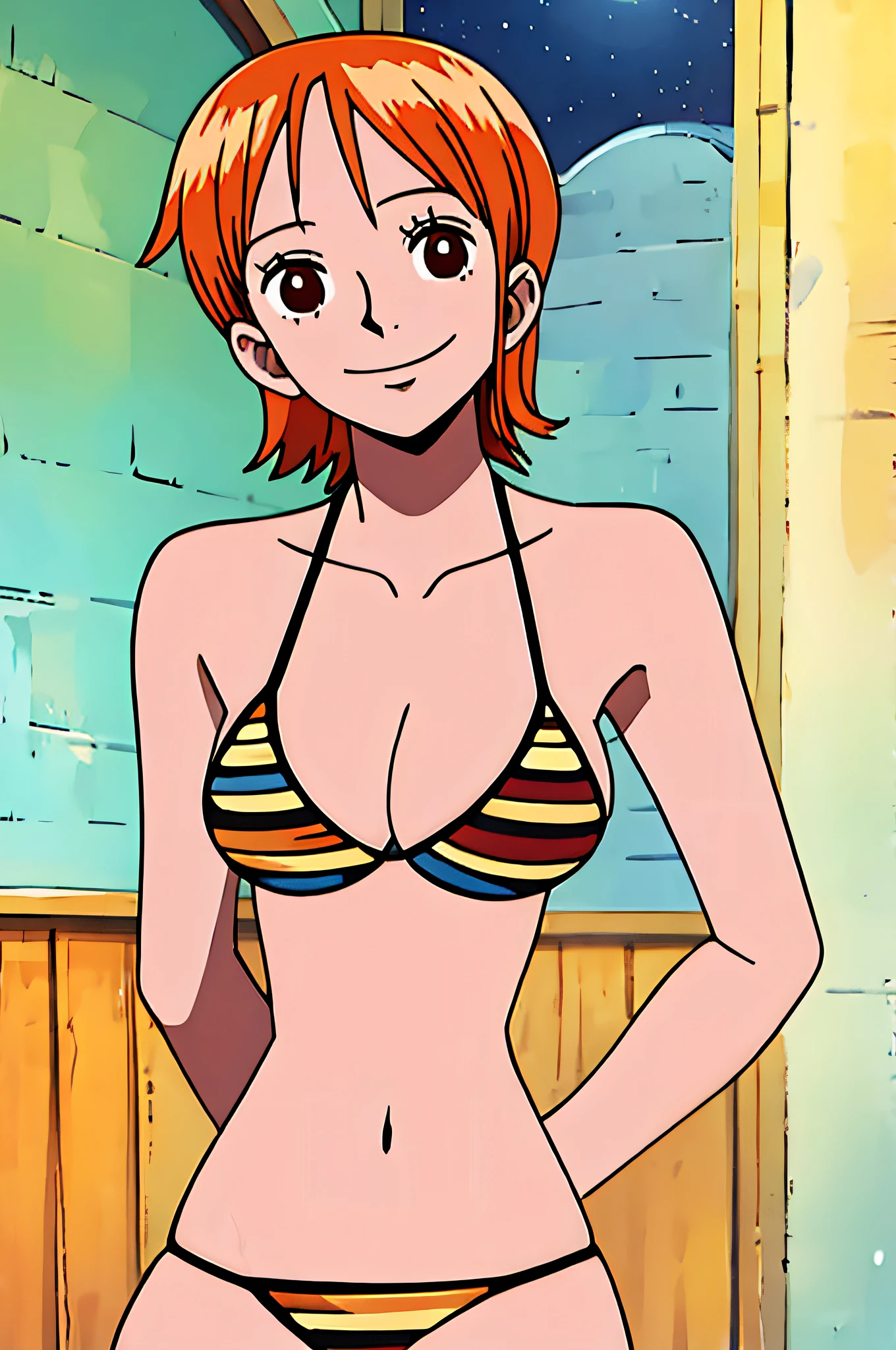 nami, 1girl, solo, breasts, smile, short_hair, large_breasts, brown_eyes, medium_breasts, closed_mouth, bikini, orange_hair,, night, room