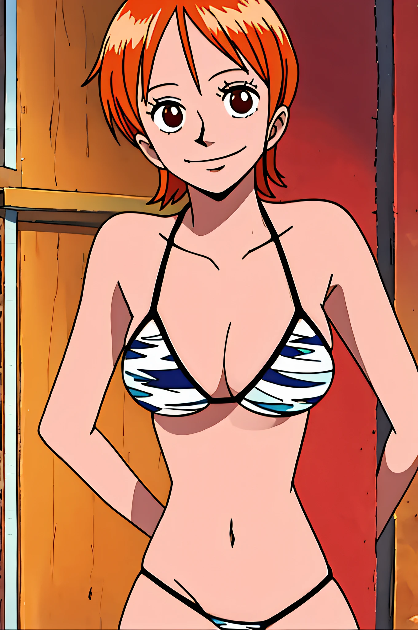 nami, 1girl, solo, breasts, smile, short_hair, large_breasts, brown_eyes, medium_breasts, closed_mouth, bikini, orange_hair,, night, room