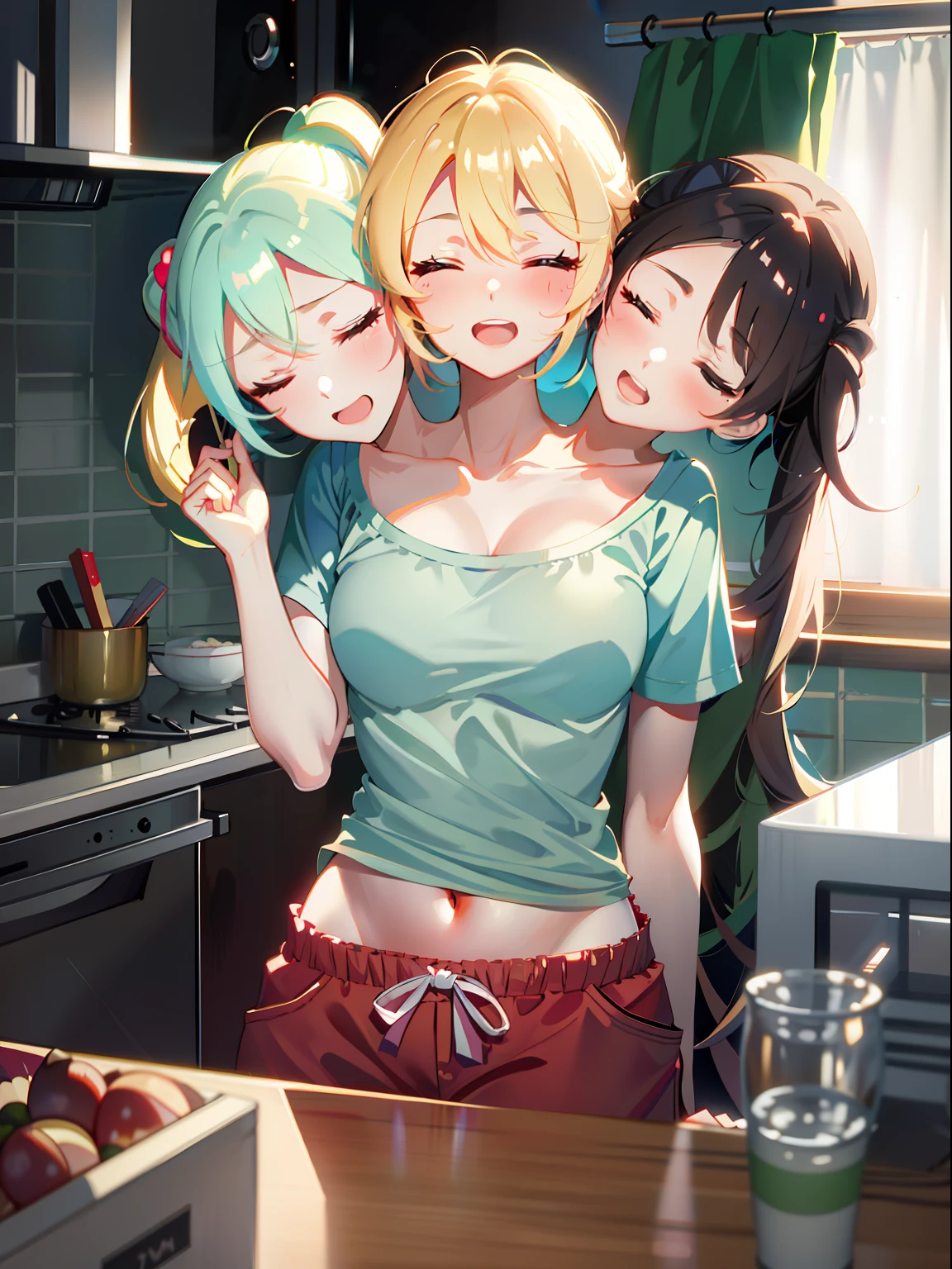 (masterpiece, best quality), best resolution, (3heads:1.5), sakura miku character, 1girl, weary, headache, hangover, in pain, dizzy, blond hair, brown eyes, one eye closed, open mouth, light blue t-shirt, tan pants, hand on forehead, apartment kitchen