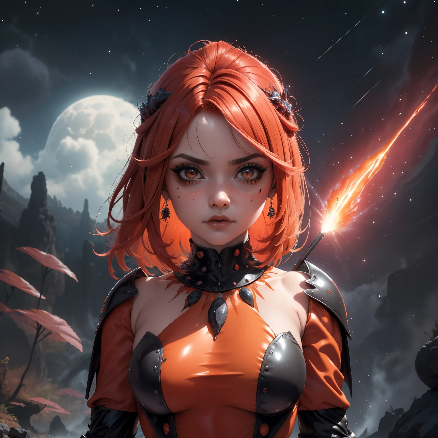 Bruxa da lava, bruxa, Volcano Witch, master part, beautiful face, cara bonita, rosto perfeito, volcano background, noite, Noite, lava, young woman, proportion Aurea, long tunic, Pretty tunic, Pedras preciosas, totalmente vestido, roupas extravagantes, cabelos ruivos curtos, Cabelos ruivos claros, Bob Longo, bob ondulado, cabelos ondulados, cabelos exuberantes, cabelos brilhantes, cintura pequena, Magic Volcano, arte digital, Rosto Suave, proporcional, corpo inteiro, pinceladas suaves, bordas suaves, Artsy, tons vermelhos, bordas vermelhas, tons amarelos, tons de laranja, tons de marrom, olhos vermelhos, olhos penetrantes, olhos grandes, Olhos bonitos, corpo bonito