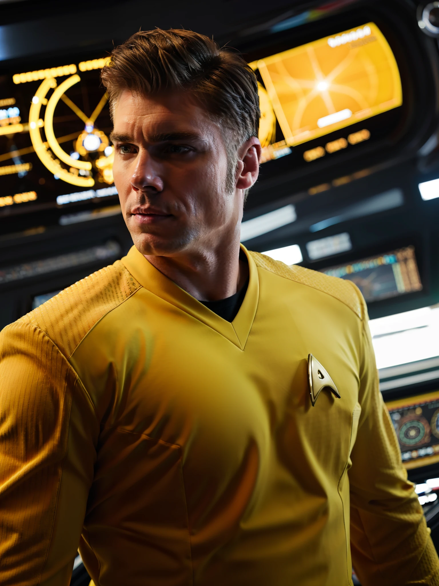 Anson Mount in yellow stsnwunf uniform, starship bridge,RAW Photo, 8k uhd, dslr, soft lighting, high quality, film grain, higly detailed face,ultra detailed,masterpiece quality, Sony A6400