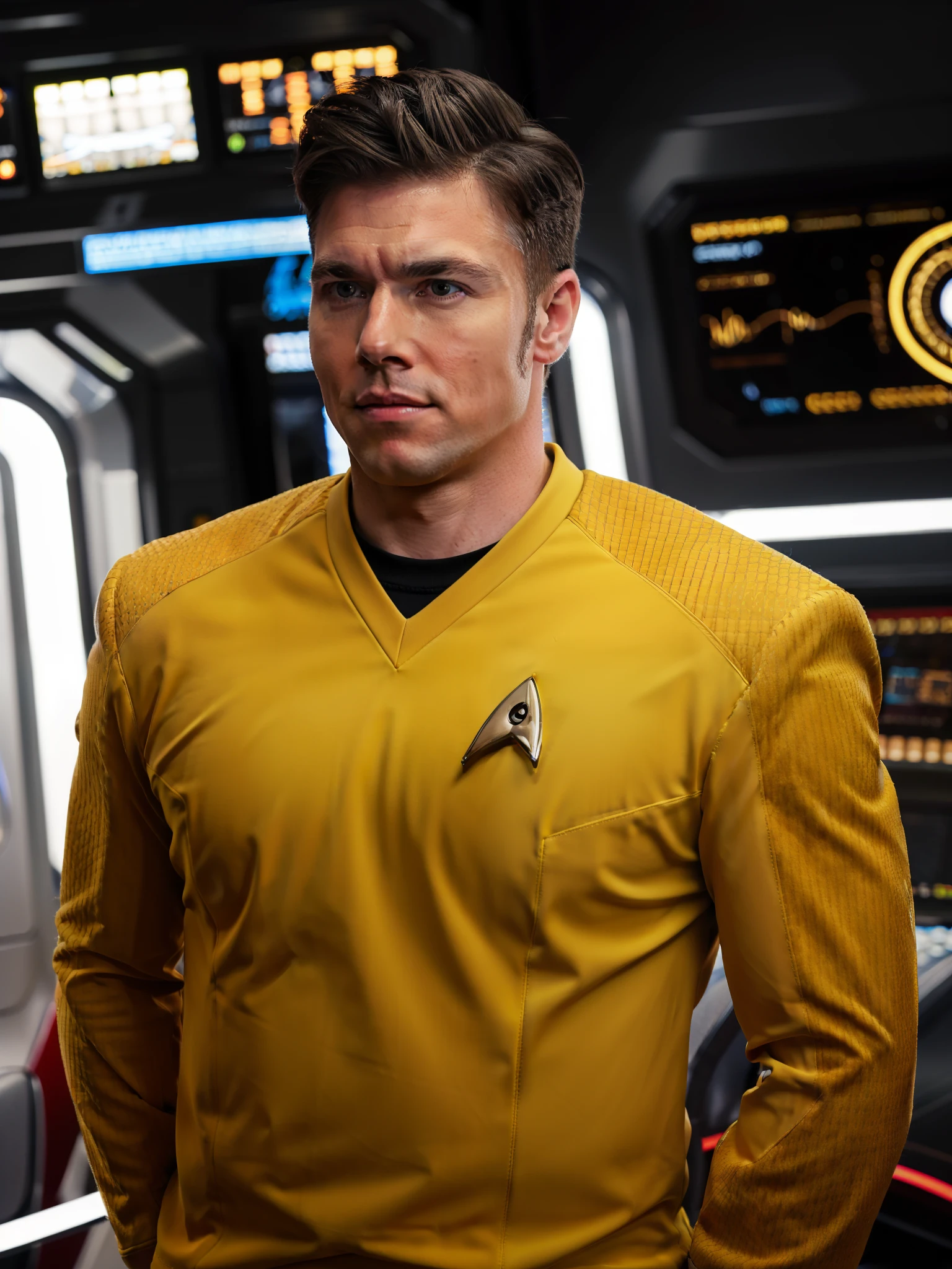 Anson Mount in yellow stsnwunf uniform, starship bridge,RAW Photo, 8k uhd, dslr, soft lighting, high quality, film grain, higly detailed face,ultra detailed,masterpiece quality, Sony A6400