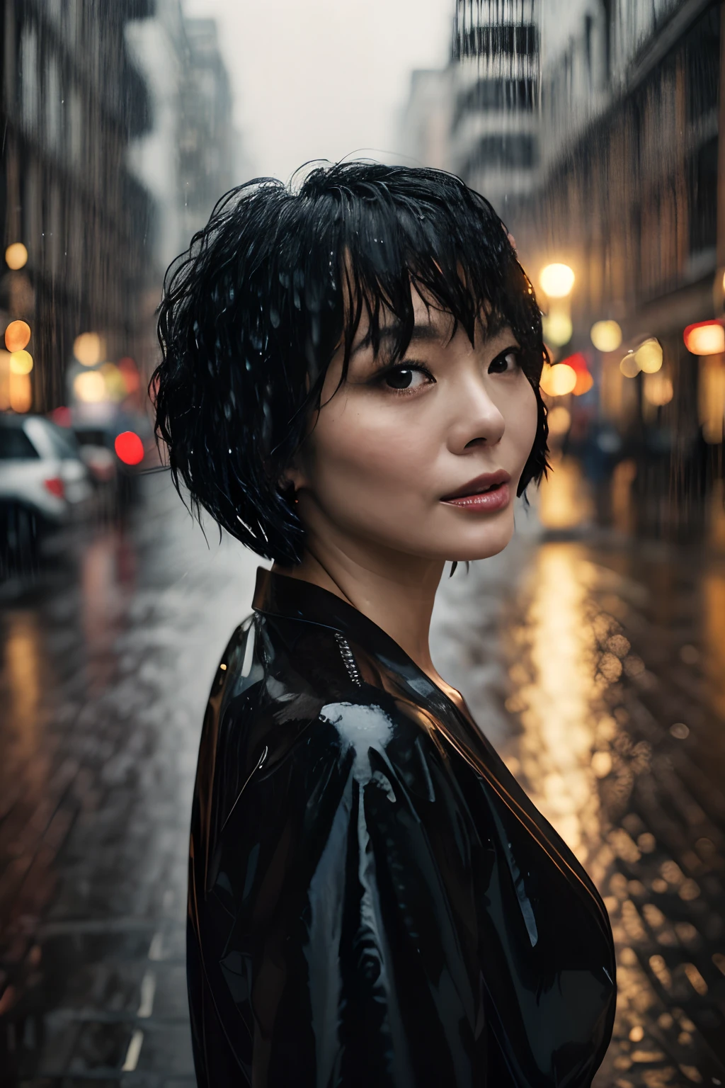 (Best quality, 8k, 32k, Masterpiece, UHD:1.2), Photo of Pretty Japanese woman, medium size breasts, bob hairstyle, short Black Hair, sexy body, JAV, dramatic lighting, romantic vibe, getting drenched in the rain, raining, street, cityscape, feeling the vibe, aesthetic vibe. raining , very wet, wet clothes, portrait, bokeh