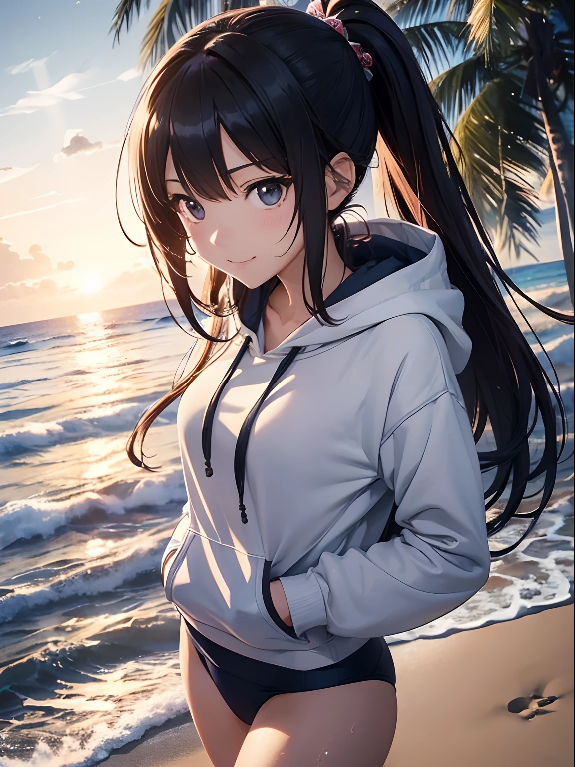 (masutepiece), (Best Quality), hyper detailed illustration，beautiful artwork，(Extreme Detail CG Unity 8K wallpaper、​masterpiece、top-quality)、(exquisite lighting and shadow、highly dramatic picture、cinematic lens effects)、Beach girl standing in grey hoodie and school swimsuit, Black long hair girl wearing a hoodie, beautiful  Girl, cg art, anime style 4 k, Seductive Girl, 4k wallpaper, attractive girl, beautiful  Girl, beautiful alluring teen, Art styles, Wake up with water，Wet，(Evil smile)，Brown eyes，Wide blue sky，(Tsurime)，(straggling hair)，Saw，(Wet)，poneyTail，(walking
 On the beach:1.3)，beach side，(light glow)，(light Particle)，(strong light coming  in)，White hoodie，
