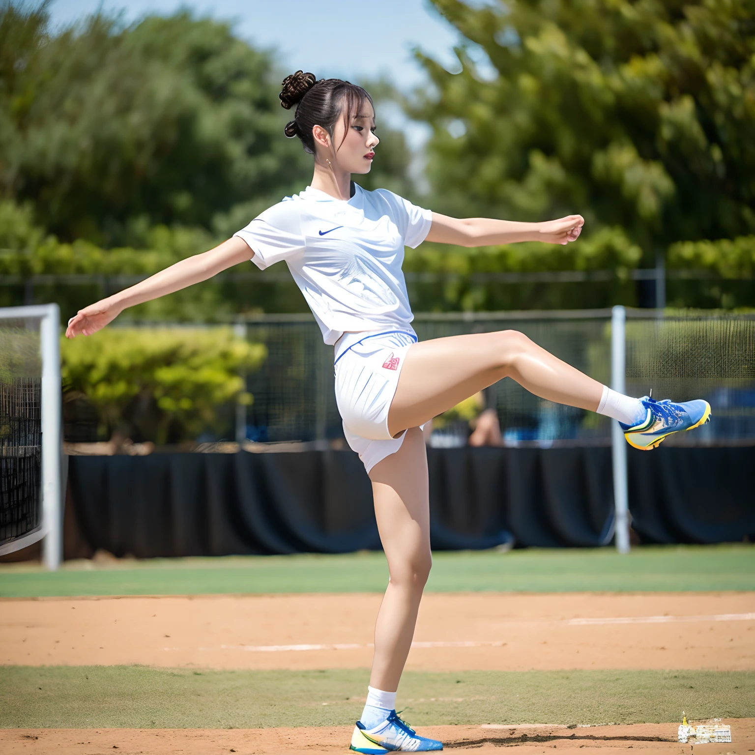 Floating hair, Perfect body structure、Anatomically accurate、Light blush, During the match, Sweat, half updo, folded ponytail, Outdoors, Project a wide area, Playing Soccer, Kicking the ball, kicking a soccer ball, Anime, Anime style, 4K, Textured skin, Super Detail, Best Quality, awardwinning