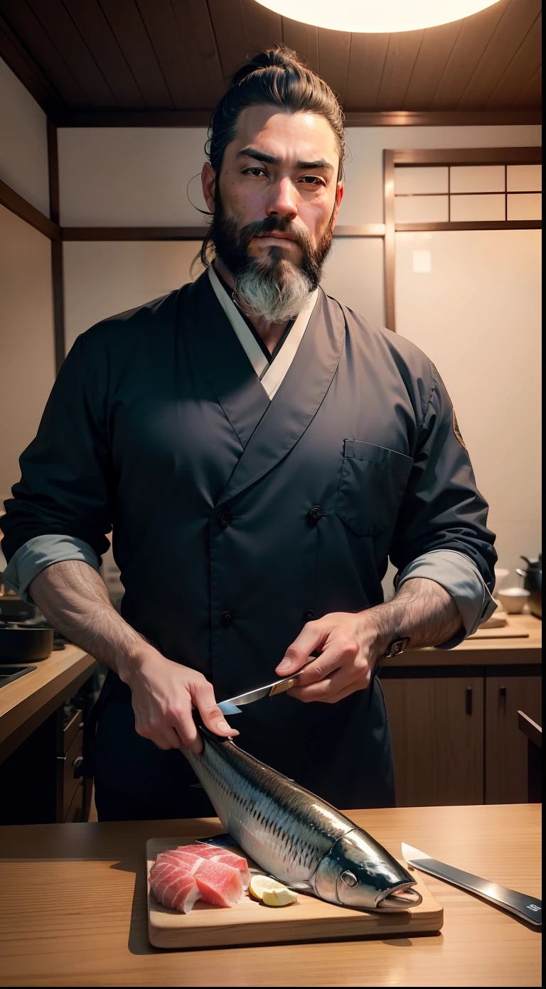 ember, Mellivora, age 38, Ultra-realistic variations, He was holding a kitchen knife intently,Chop whole large tuna,Large tuna lies completely on the table,Navy Blue Japanese Chef Suit,beard,Split short hair,Mature,Look directly into the camera,full bodyesbian,Wooden restaurant kitchen in very Japanese style
