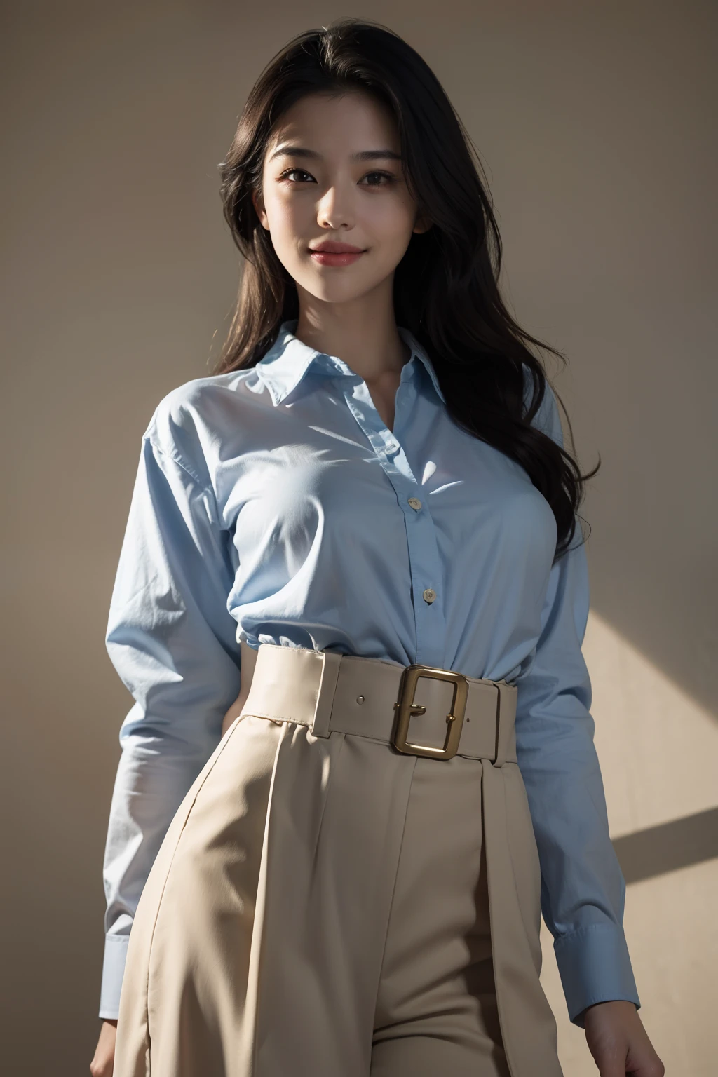 best quality, masterpiece, (photorealistic:1.4), 1girl, light smile, shirt with collars, waist up, dramatic lighting, from below