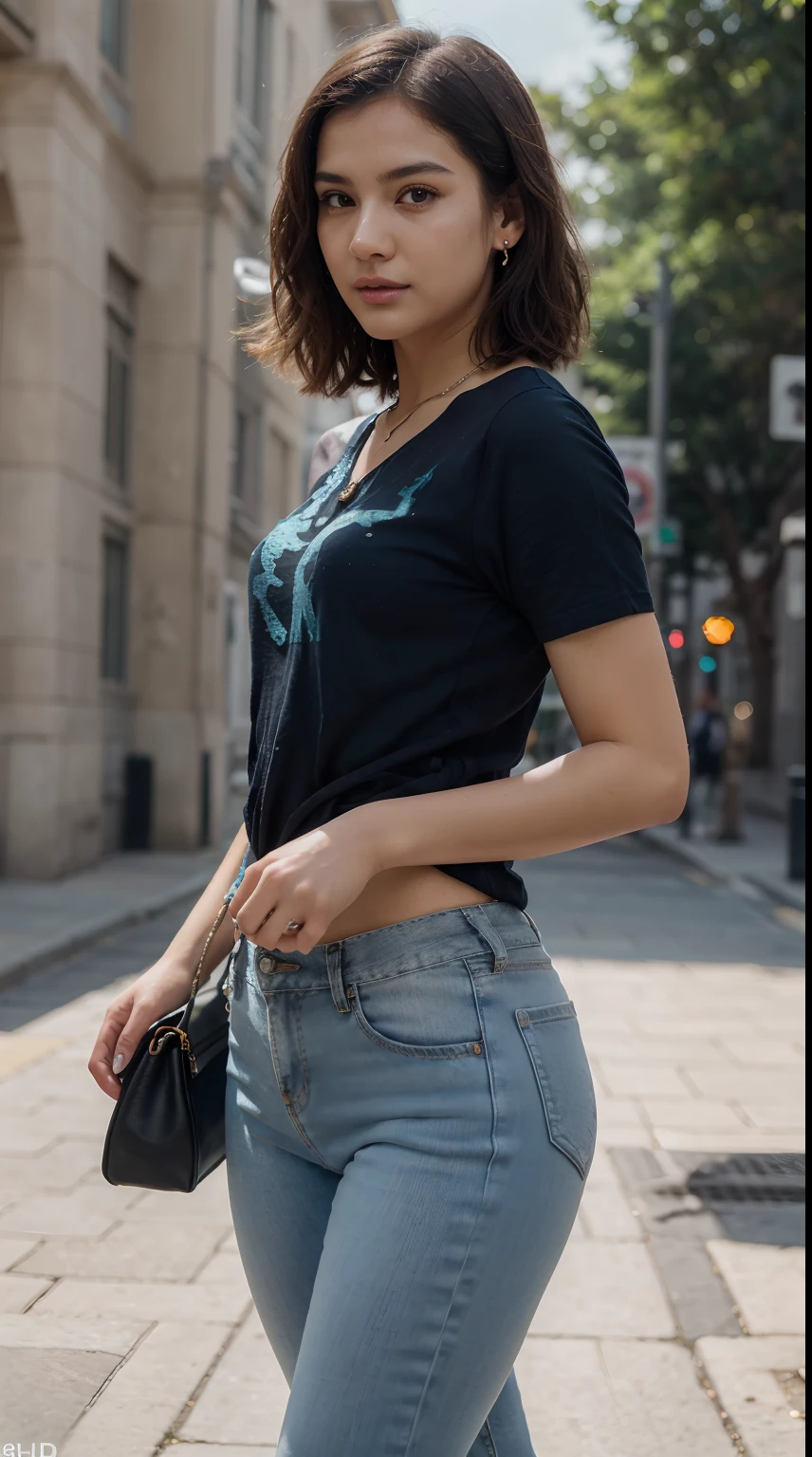 (photo realistic:1.4), (hyper realistic:1.4), (realistic:1.3),, (smoother lighting:1.05), (increase cinematic lighting quality:0.9), 32K,, 1girl, 20yo girl, realistic lighting, backlighting, light on face, ray trace, (brightening light:1.2), (Increase quality:1.4),, (best quality real texture skin:1.4), finely detailed eyes, finely detailed face, finely quality eyes, (tired and sleepy and satisfied:0.0), (Increase body line mood:1.1), (Increase skin texture beauty:1.1), (Best Quality, 8k, 32k, Masterpiece, UHD:1.3), (kpop idol:1.3), 1 Girl, (short wavy hair), perfect legs, Ultra Detailed Face, Detailed Lips, Fine Eyes, double eyelids, wearing casual shirt, beautiful casual shirt, colourful shirt, typography shirt, beautiful necklace, wearing necklace, wearing jeans, casual jeans, casual pants, wearing earing, wearing casual bag, beautiful casual bag, beautiful heals, beautiful poses, walking on the street,