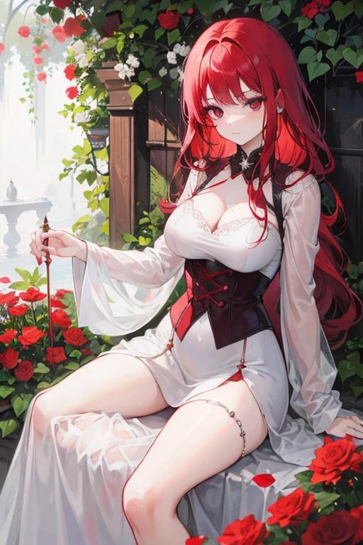 A red haired woman with red eyes with an hourglass figure is holding a white rose in a garden