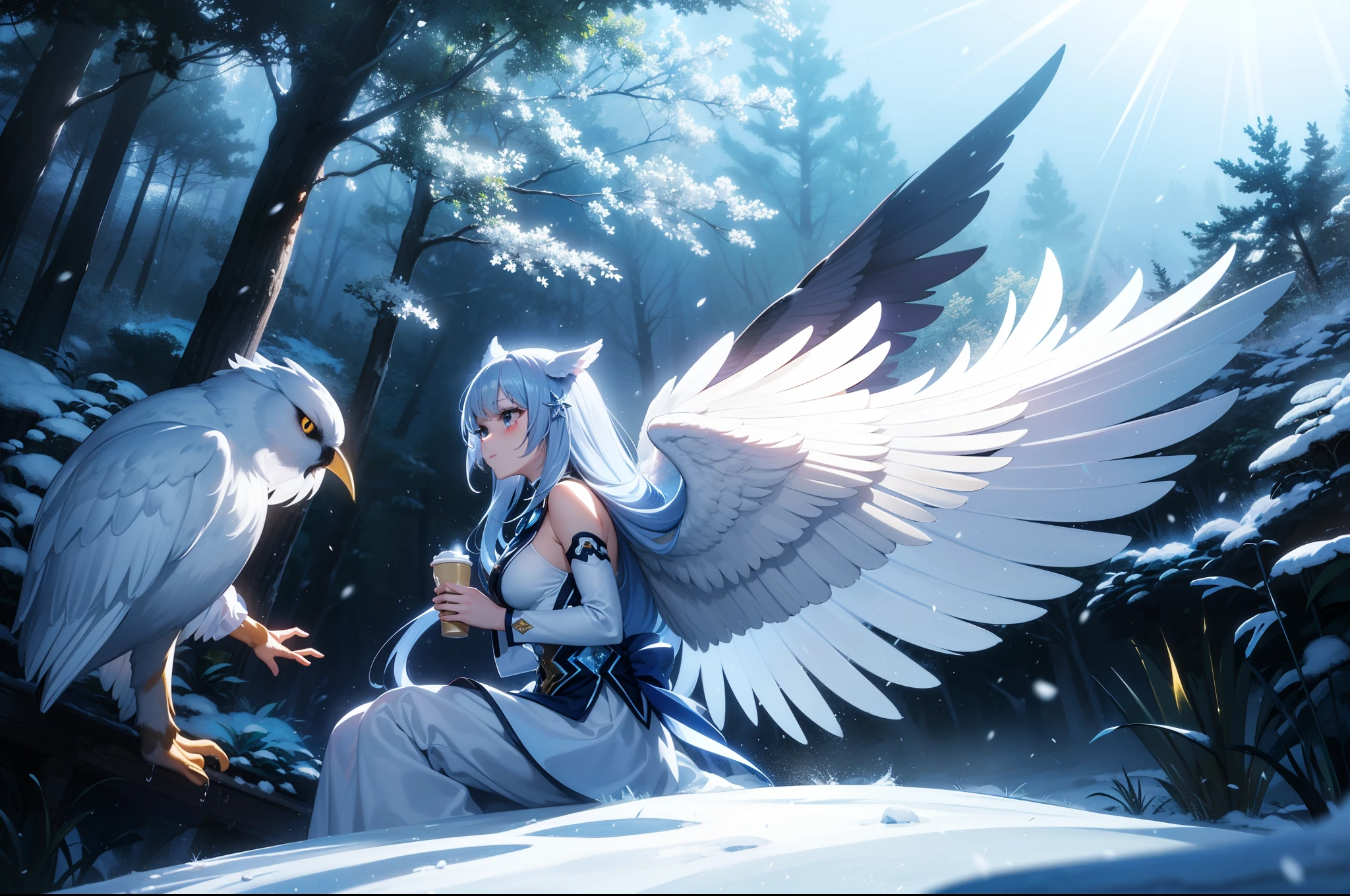 ((ultra-detailliert)), ((Best Illustration)), ((Movie Lighting)), Dynamic Angle, floating, Fine, (The Flash: 1.2), (shine: 1.2), (shine: 1.2), "(Best Quality), Super detailed depiction of a beautiful girl, Light blue long hair、Twin-tailed、 In the colorful forest、Surrounded by snow-white owls and vivid vegetation.", Cinematic, Refreshing, essence, Rim Lights, Scattering