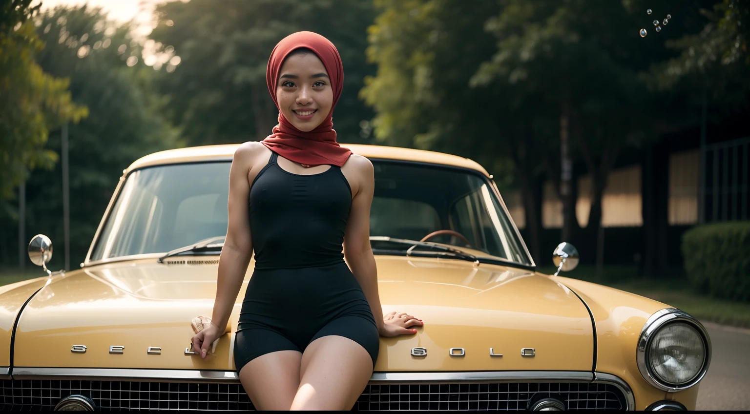 Malay girl in hijab wear tight Sports Romper , seat on top of vintage car, old junk car, top front view, detail skin, detail skin texture, mole below eyes, small breast, big hip, big waist, big thigh, slim abs, beautiful body, evening, laughing, happy, bright lighting, blur background, bokeh, vintage effect photo, vintage color, retro color, high quality, 8k, Deep Focus cinematography effect, Natural Lighting, cool-toned color grading, high quality, ul