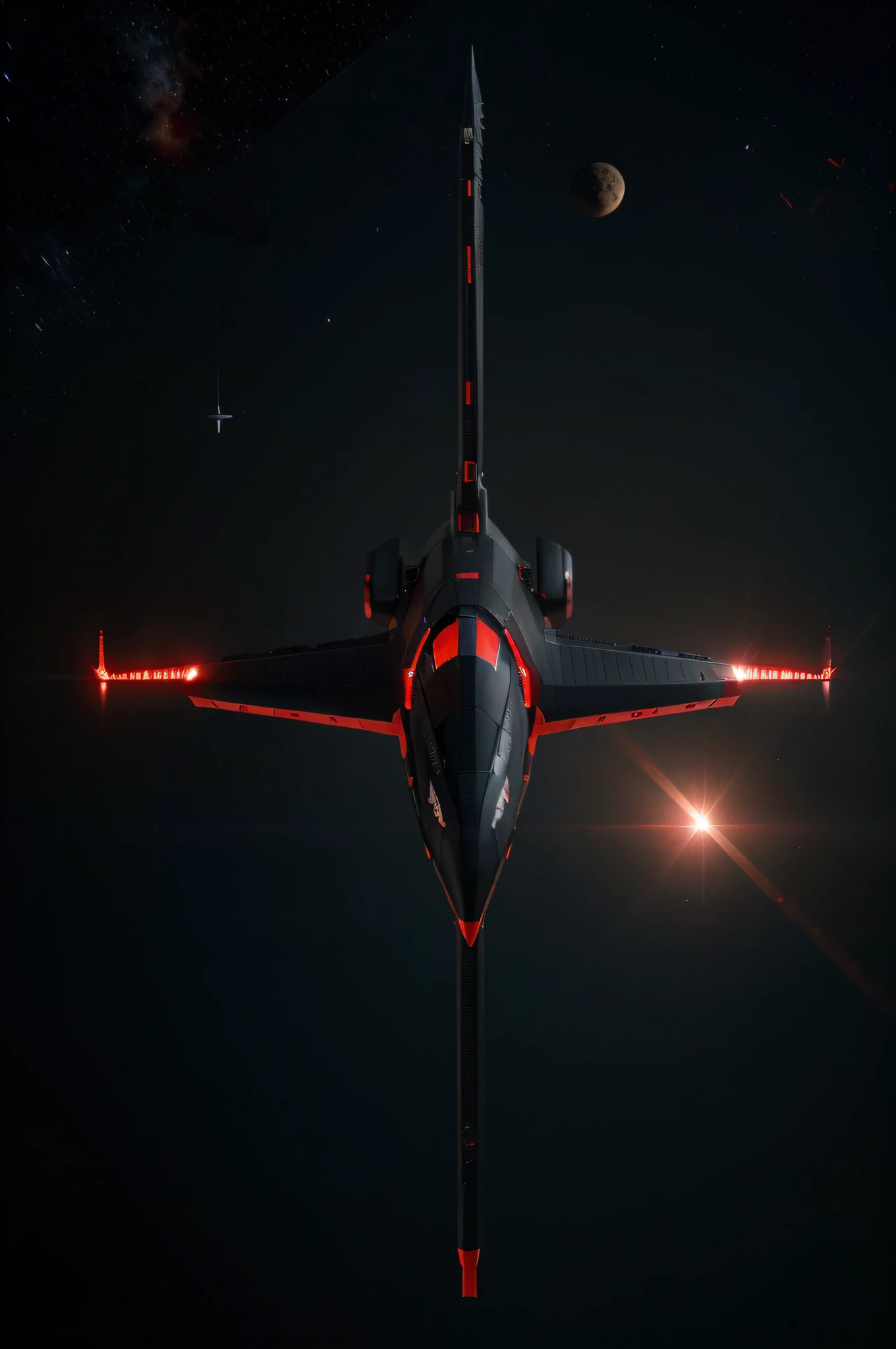 (black-and-red spaceship floating in space),(best quality, high resolution),ultra-detailed,physically-based rendering,high-contrast lighting,sci-fi,vivid colors