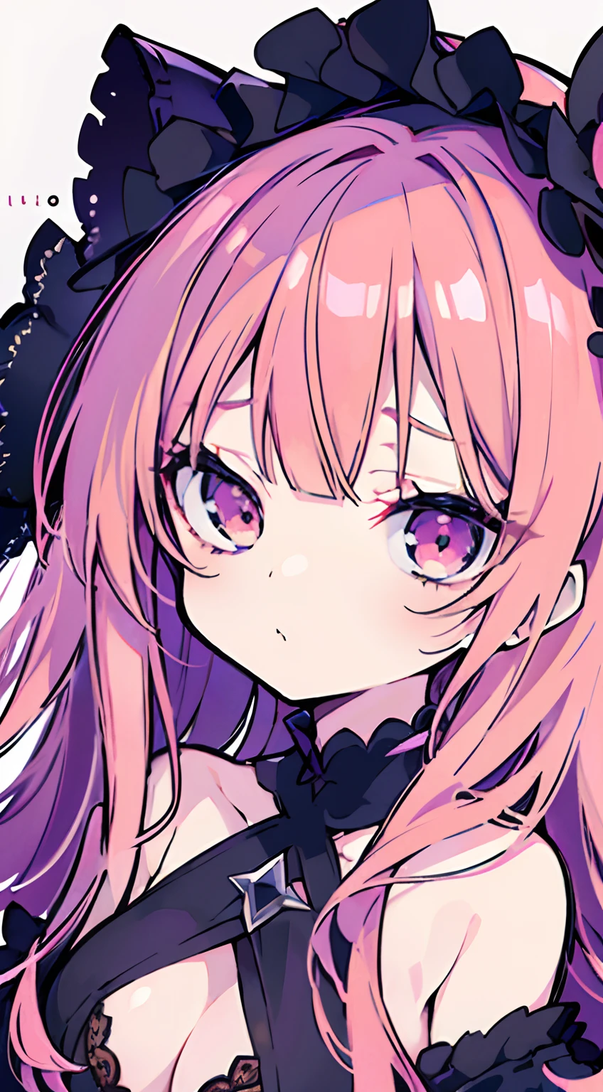 (NSFW),masutepiece, Best Quality, Ultra-detailed,(Lori),sel anime,anime moe art style,animated style illustration, (Red Eyes),(Beautiful eyes), ((Cute)), Cute, (lovely),超A high resolution,1 girl,Blunt bangs,hair wavy,ridiculously long hair,[A pink-haired:purple hairs:0.6],de pele branca,Detailed skin,A detailed face,pointy nose,small tits,detailed tits, Gothic li with beautiful cleavage,off shoulders,Head dress,Blur the background to bring it into focus,half body photo