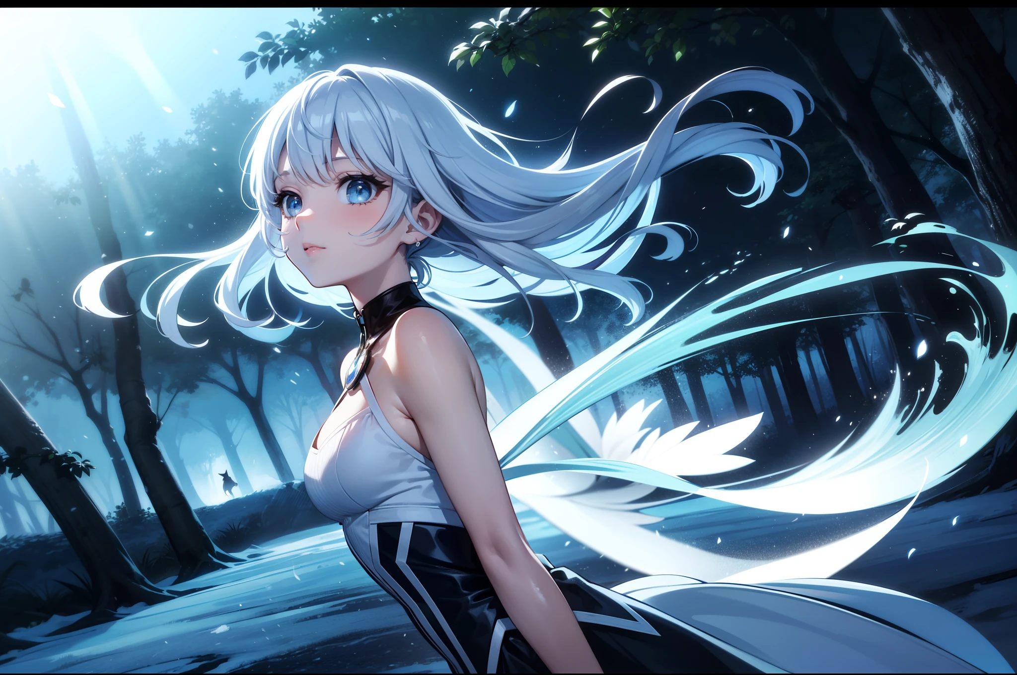 ((ultra-detailliert)), ((Best Illustration)), ((Movie Lighting)), Dynamic Angle, floating, Fine, (The Flash: 1.2), (shine: 1.2), (shine: 1.2), "(Best Quality), Super detailed depiction of a beautiful girl, Light blue long hair、Twin-tailed、 In the colorful forest、Surrounded by snow-white owls and vivid vegetation.", Cinematic, Refreshing, essence, Rim Lights, Scattering