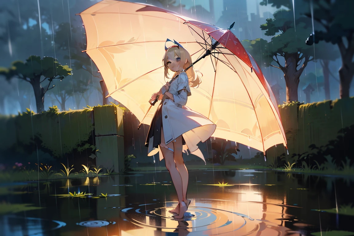 1 girl, Character focus,Movie Angle, Full-body , Stand on a puddle, ((Looking up)), The barefoot, Smile ,((rain)),Cinematic lighting,high resolution,(unbelievable Ridiculous), (hires.repairing:1.3),anime visual,Ultra detailed CG Unity 8K wallpaper, ((Masterpiece)), ((top-quality)), (Beautiful illustration), ((An extremely delicate and beautiful))