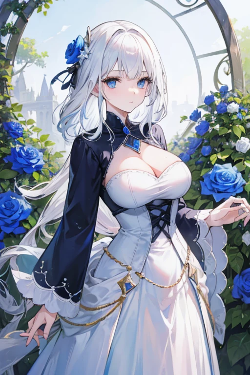A white haired woman with blue eyes with an hourglass figure is holding a blue rose in a garden