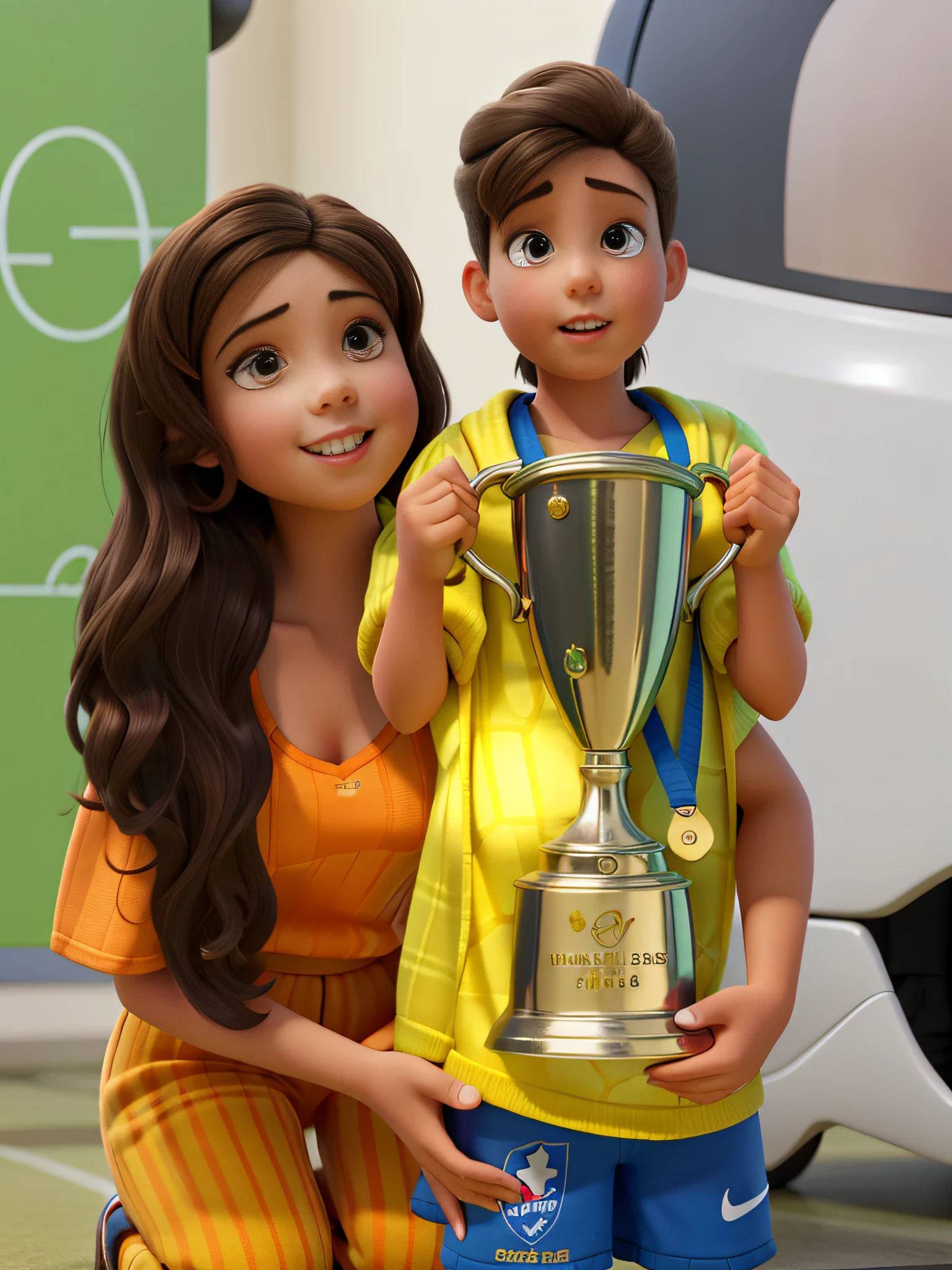 A brunette woman crouched next to a child with a trophy in her hand , estilo pixar