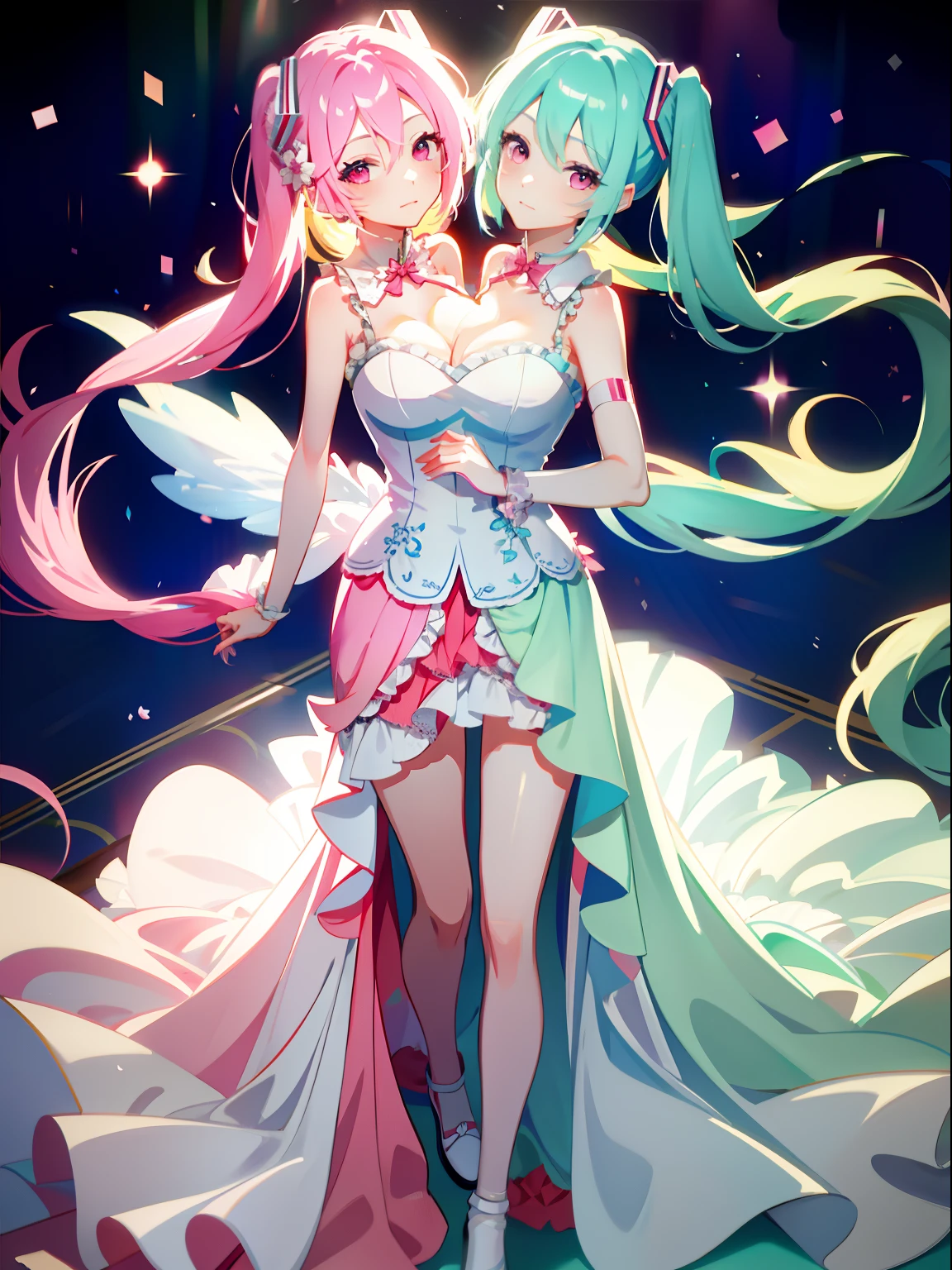 (masterpiece, best quality), best resolution, (2heads:1.5), 1girl, sakura miku character, pink hair, blue hair, different-coloured hair, close-up, long floor-length hair, pretty wedding dress, day