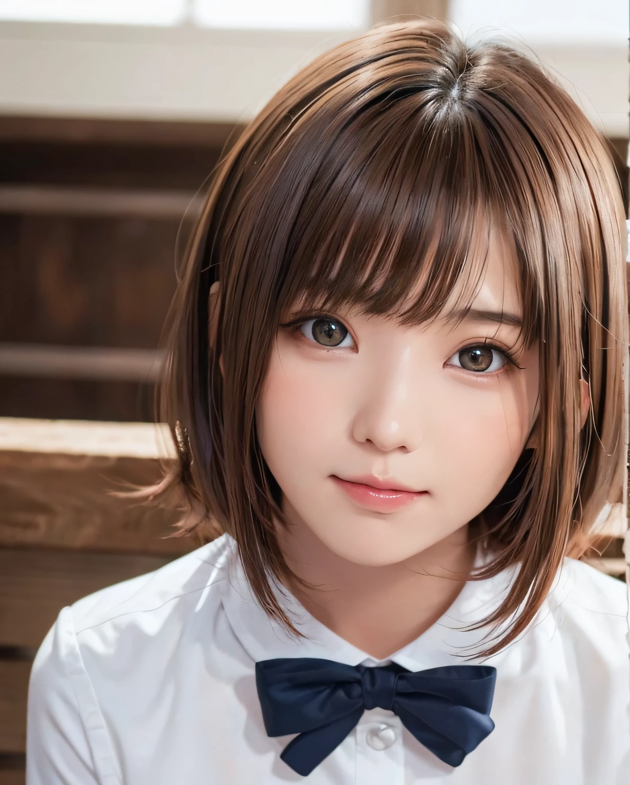 Cute high school girl looking at the camera、Summer uniform, Best Quality, Photorealistic, 8K, hight resolution, fulcolor, 1girll, Woman, Female, , (Closed mouth:1.73), Pure white background,Bring skin care products closer to the cheeks,With fair skin,semi transparent, view the viewer:1.8, (1girl eyes looking at viewer:1.55), (Medium Hair, brown haired, parted hair:1.45), (Bokeh),