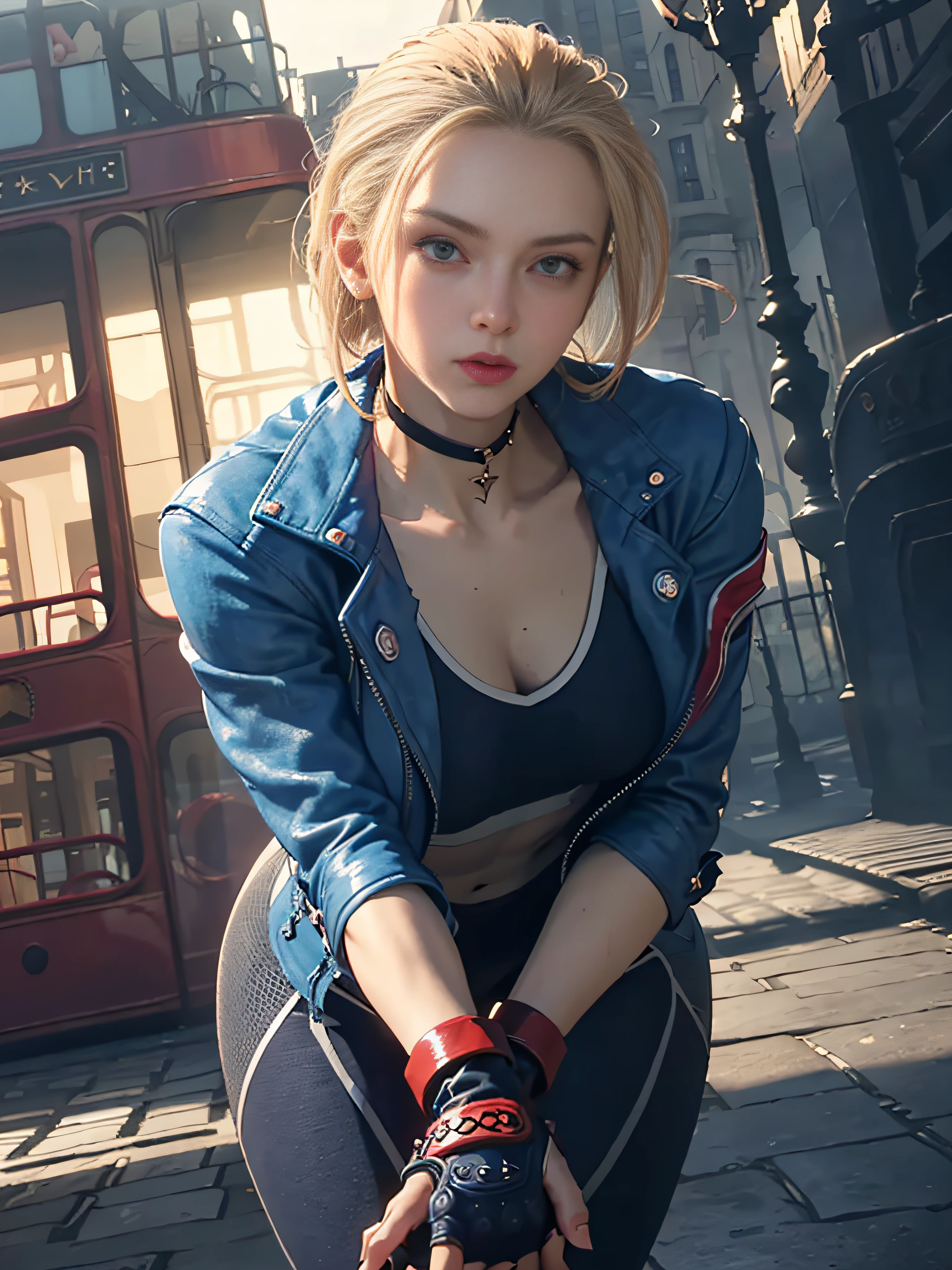 "(exquisitely detailed CG unity 8k wallpaper, masterpiece-quality with stunning realism), (best illumination, best shadow), (best quality), (elegant and demonic style:1.2), (closeup:1) Arti modern anime. angled view, heroic pose, closeup full body portrait medium shot of cammy, navy blue sports bra, light blue open jacket, navy blue yoga pants, red gloves, Abdominal muscle, muscles, (eyes looking at viewer:1.0), abs, depth of field blur effect, full zoom, action portrait, photorealistic. cinematic lighting, highly detailed. best quality, 4k, Better hand, perfect anatomy, leaning forward, foreshortening effects, (leaning forward:1) (cute coy flirty sexy expression:1.6), foreshortening effect, (piercing eyes:0.8), surrounded by an ominous and dark atmosphere, accentuated by dramatic and striking lighting, imbued with a sense of surreal fantasy", (mature:0.5) (afternoon:1.5) (pretty cute face:1.3) (secret agent:1) (happy:1.2)  (fighting in london:1.5)