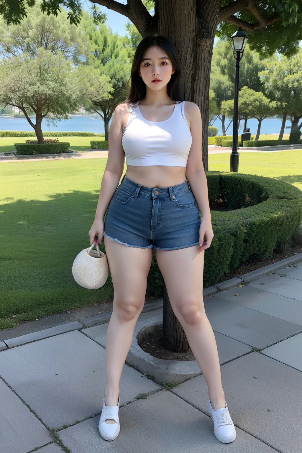 8K分辨率,Two tall beauties in lake blue skinny denim hot pants,Small white vest,Small white shoes,Plump big fat buttocks,The butt is wide and huge,Slightly chubby body,Pear-shaped body,beautiful weather,Under the tree