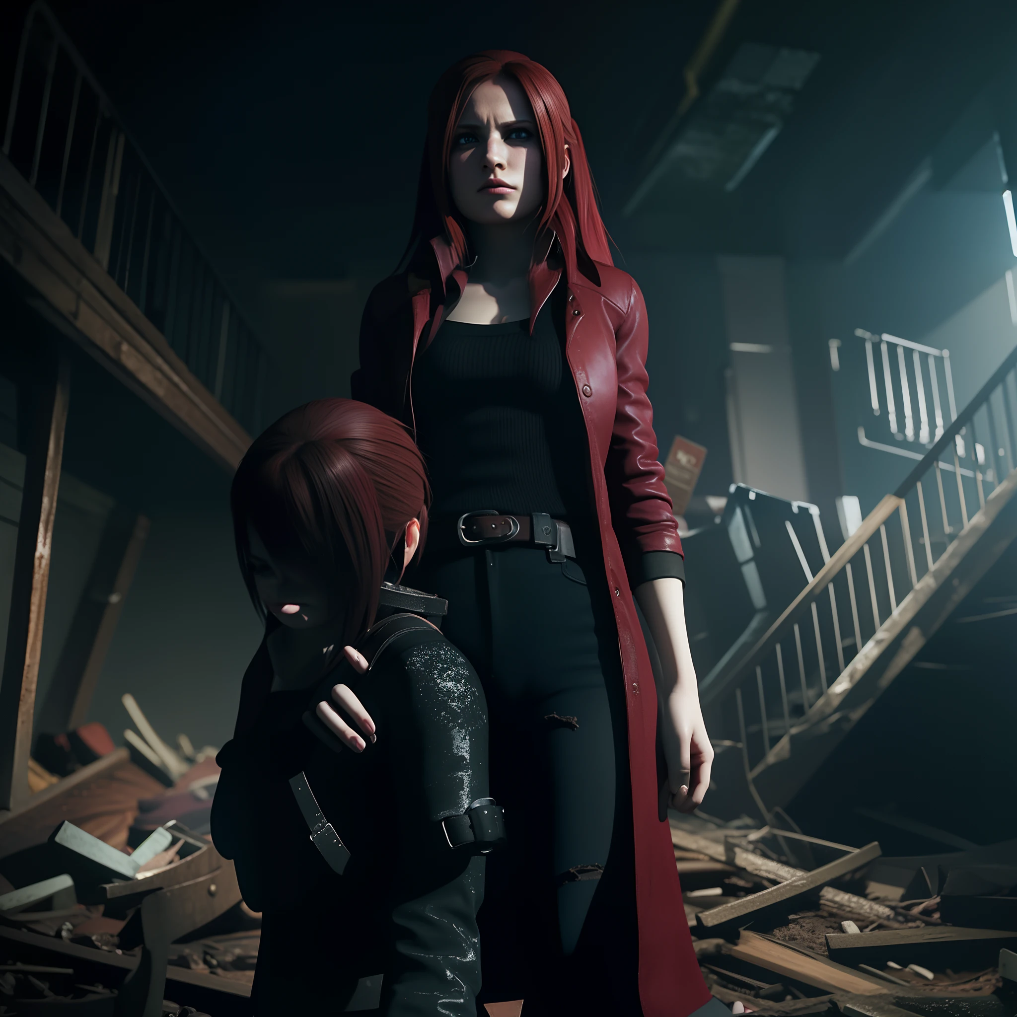 4K, HD, ((Claire Redfield 40 years old)), beautiful face, Sad expression, shed tears, Looking down,  very long red hair, perfect Face, black jeans, red long coat with black t-shirt, red nail polish