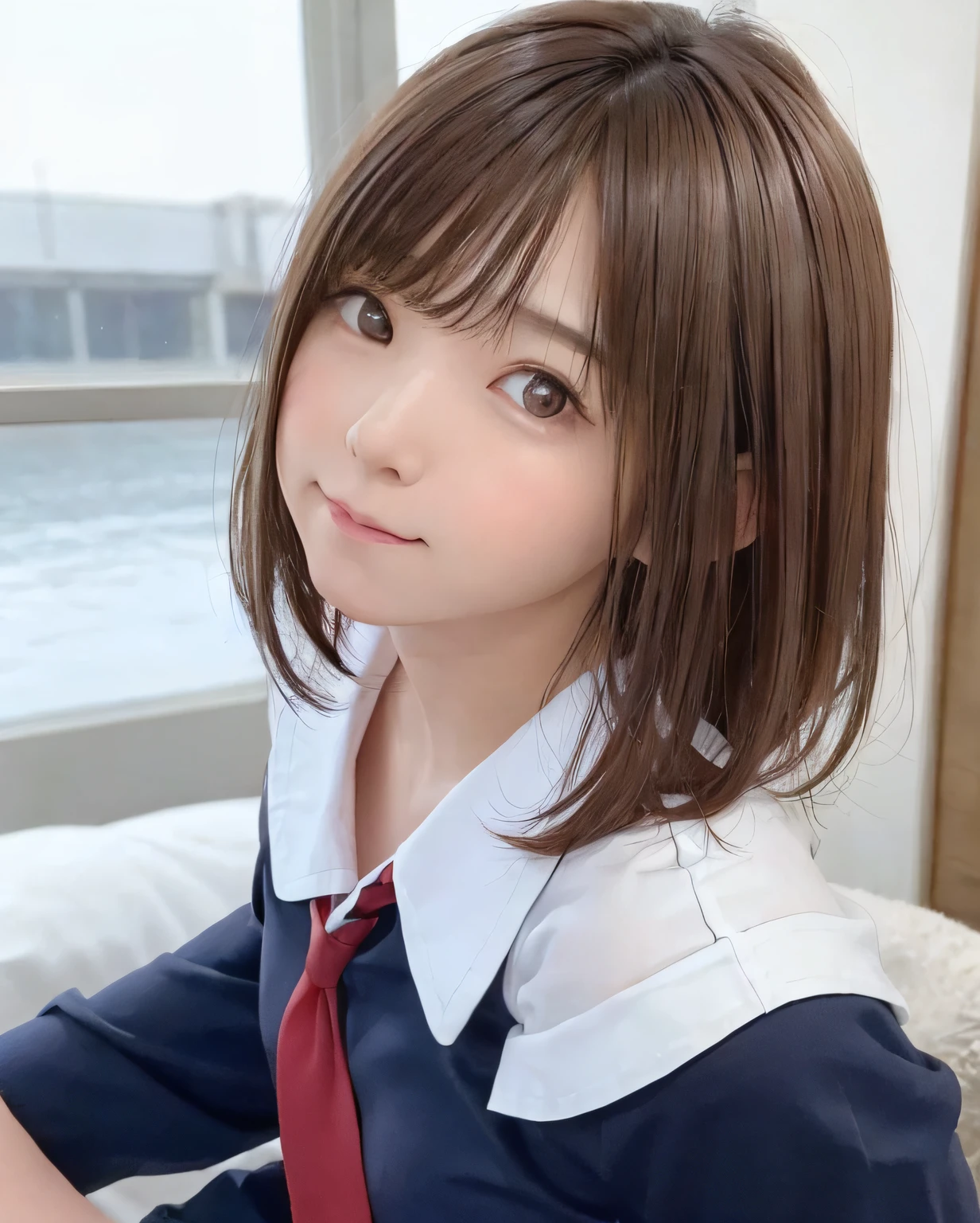 Cute high school girl looking at the camera、Summer uniform, Best Quality, Photorealistic, 8K, hight resolution, fulcolor, 1girll, Woman, Female, 15 years old, (Closed mouth:1.73), Pitch black background,Bring skin care products closer to the cheeks,With fair skin,semi transparent, view the viewer:1.8, (1girl eyes looking at viewer:1.55), (Medium Hair, brown haired, parted hair:1.45), (Bokeh),