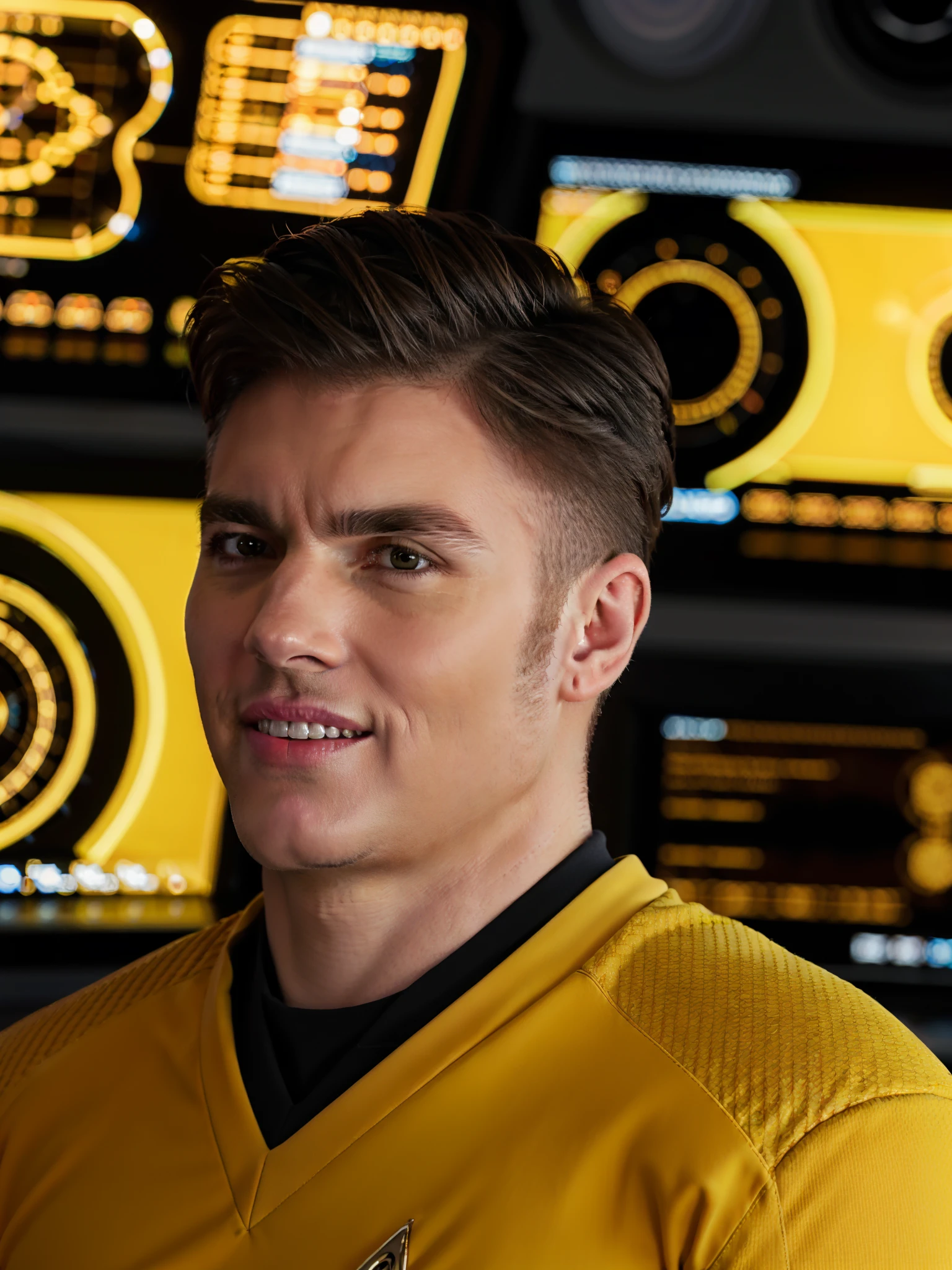 Anson Mount in yellow stsnwunf uniform, starship bridge,RAW Photo, 8k uhd, dslr, soft lighting, high quality, film grain, higly detailed face,ultra detailed,masterpiece quality, Sony A6400