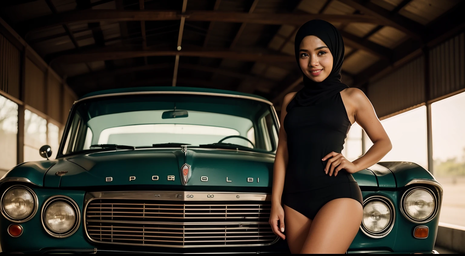 Malay girl in hijab wear tight Sports Romper , seat on top of vintage car, old junk car, top front view, detail skin, detail skin texture, mole below eyes, small breast, big hip, big waist, big thigh, slim abs, beautiful body, evening, laughing, happy, bright lighting, blur background, bokeh, vintage effect photo, vintage color, retro color, high quality, 8k, Deep Focus cinematography effect, Natural Lighting, cool-toned color grading, high quality, ul