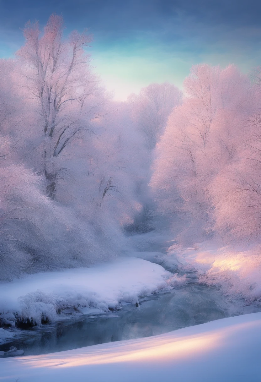 at winter season，Oyuki，snow landscape，Rime，rays of sunshine，thin fog，Dingdall effect，super-fine，tmasterpiece，8K，depth of fields，ultra - detailed，Meticulous portrayal，Ultra photo realsisim，Hyper-realistic