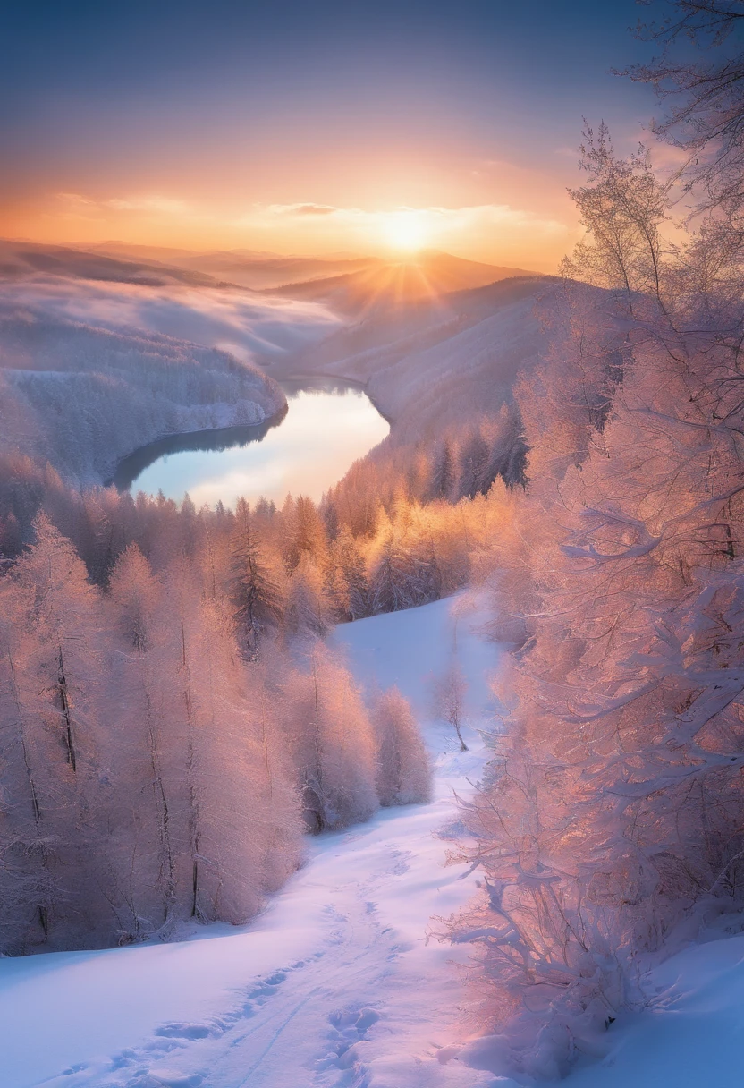 at winter season,Oyuki,snow landscape,Rime,rays of sunshine,thin fog,Dingdall effect,super-fine,tmasterpiece,8K,depth of fields,ultra - detailed,Meticulous portrayal,Ultra photo realsisim,Hyper-realistic