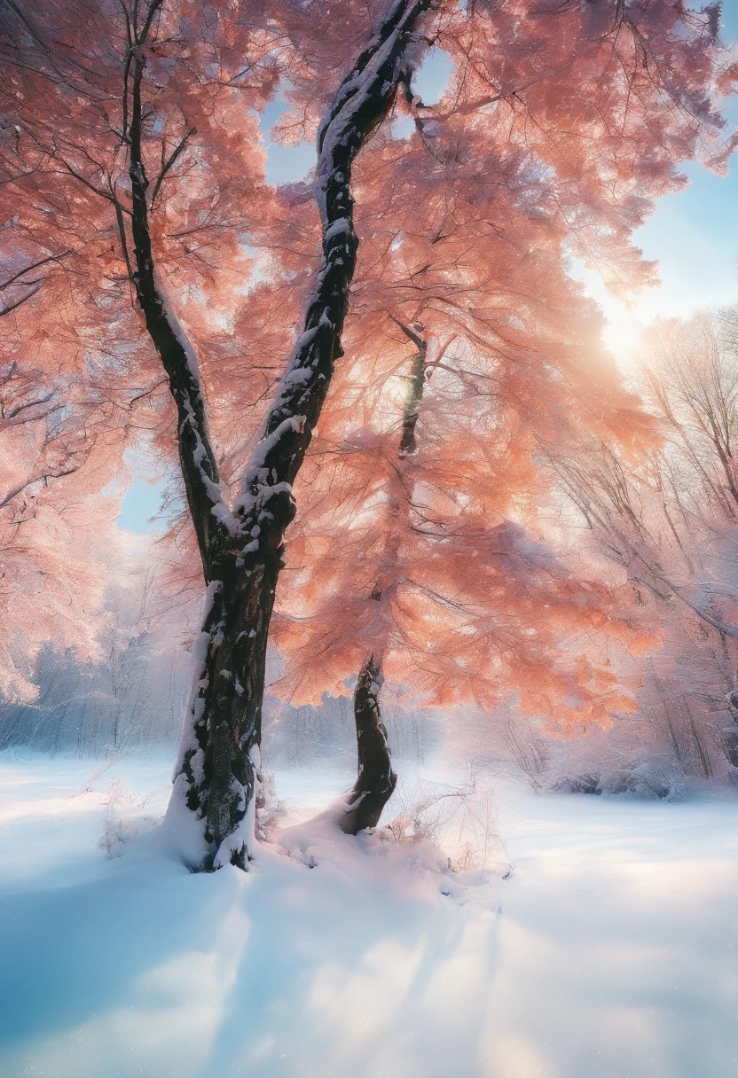 at winter season,Oyuki,snow landscape,Rime,rays of sunshine,thin fog,Dingdall effect,super-fine,tmasterpiece,8K,depth of fields,ultra - detailed,Meticulous portrayal,Ultra photo realsisim,Hyper-realistic