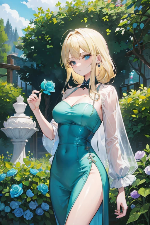 A blonde haired woman with teal eyes with an hourglass figure is holding a teal rose in a garden