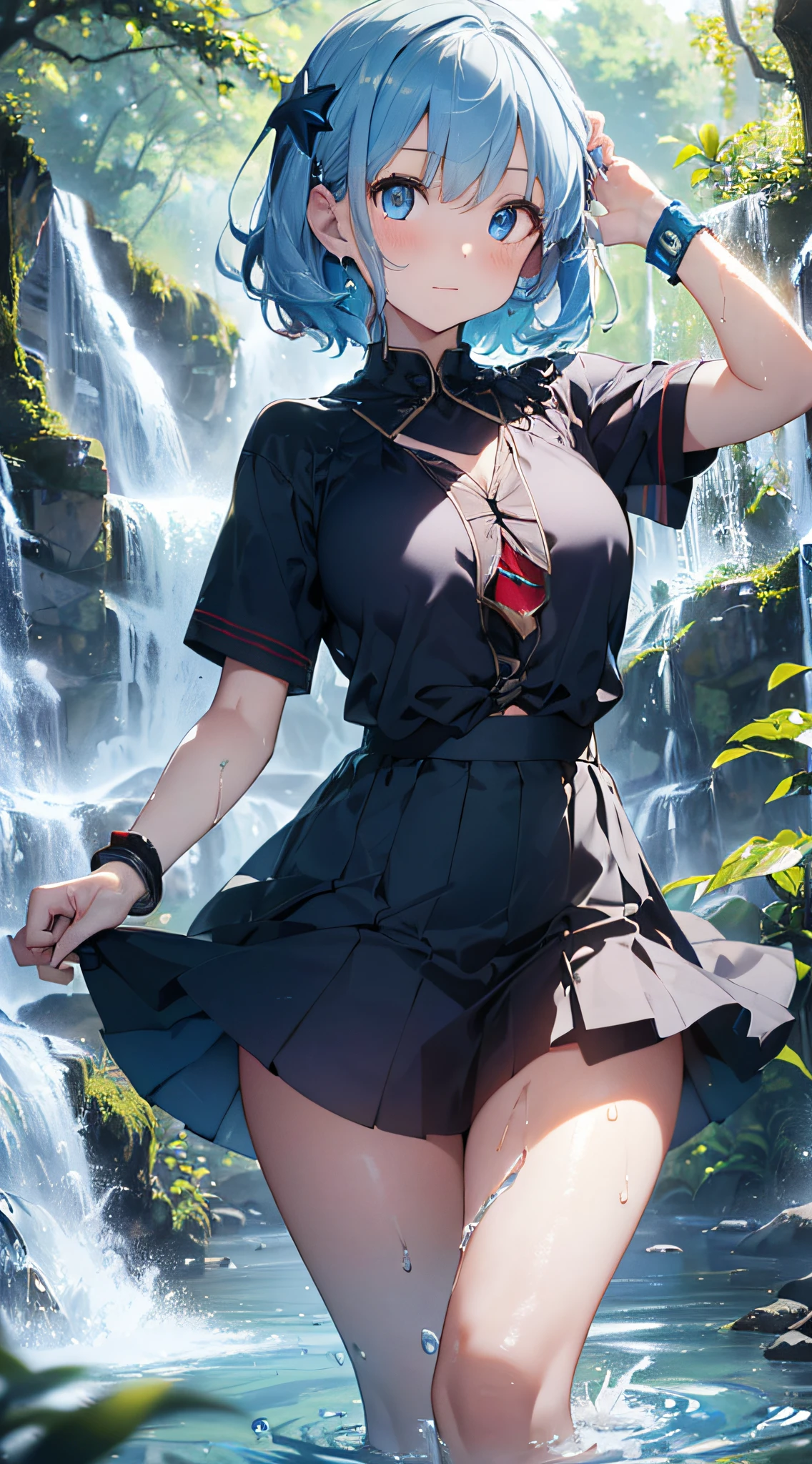 top-quality、Top image quality、masterpiece、girl with((18year old、Best Bust、Bust 85,Beautiful blue eyes、Breasts wide open, Light light blue hair with short hair、A slender、Large valleys、Light blue and black T-shirt with an open chest,Dark blue short skirt、Reflecting the whole body、Black wristband on wrist、Star-shaped hair ornament、Red face、Slippery texture、Aura of water、Release water from the hands))hiquality、Beautiful Art、Background with((Clear blue sky、Tornado in spring water、Water Waterfall、Water tornado)))masutepiece、visualart、depth of fields、