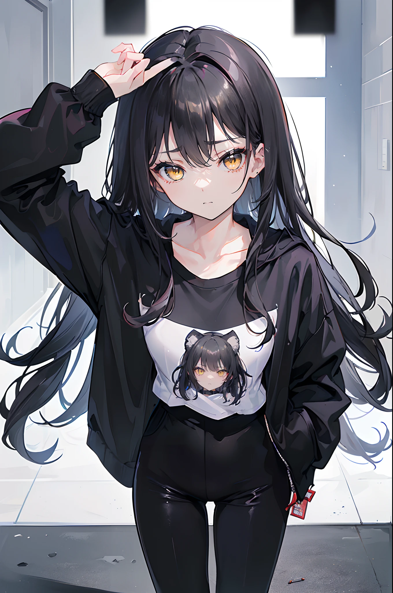(4K works))、​masterpiece、(top-quality)、Shopping、Korean female、adult  woman、((Adult 26 years old))、((Face similar to Hyunjin))、cool lady、tall、((Glaring expression))、((Sleepy face))、((Strong eyes))、((Wearing a white T-shirt and a black jacket、Wear long black pants))、((Wear a black mask))、((Smaller face))、Slim body、((How to stand a sales match))、((Cheeky way of standing))、((Bad girl))、((Black long-haired))、((Yellow eyes))、((shot from front))、((Looking down on the viewer))、((rearing))、((Shot alone))、((Solo Photography))