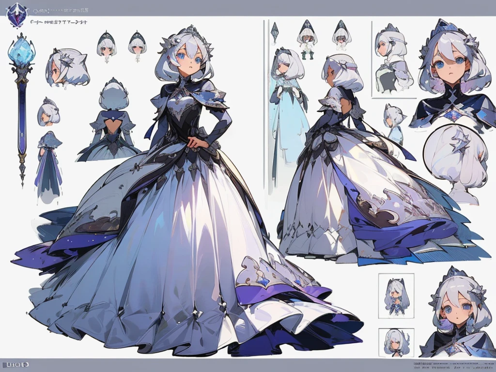 ((masterpiece)),(((best quality))),(character design sheet,same character,front,side,back),illustration,1 girl,silver hair,princess cut,hair on eyes,beautiful eyes,environment Scene change, pose too, gorgeous princess dress, magic, charturnbetalora, (simple background, white background: 1.3)