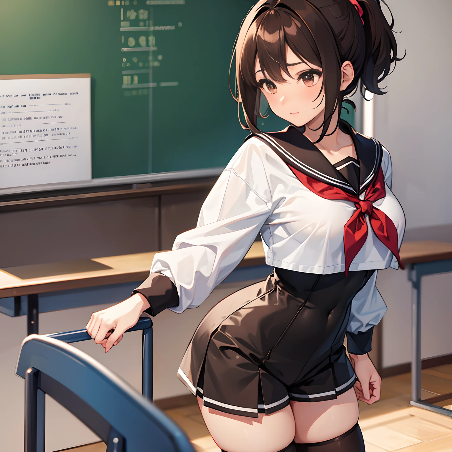 (top-quality、in 8K、32K、​masterpiece、nffsw、超A high resolution、Impresionismo、Photorealsitic:1.2)、Colossal tits、cowboy  shot, detailed faces and eyes、 Inside the classroom、Schools、Evening glow、beauitful face、blurry backround、16-year-old beautiful girl、shinny skin、half updo、beautiful hair of light brown color、Blunt bangs、Brown eyes、(I closed one eye、Pointing finger:1.2)、a sailor suit、Pleated miniskirt、Curve、(Lifting skirt、I can see panties:1.2)、thighs thighs thighs thighs、(Navel Ejection:0.4)、dynamicposes