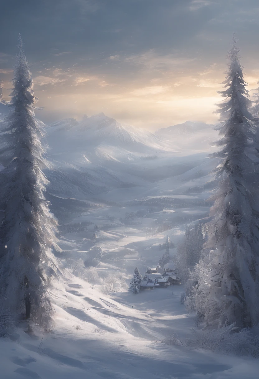 at winter season,Oyuki,snow landscape,Rime,rays of sunshine,thin fog,Dingdall effect,super-fine,tmasterpiece,8K,depth of fields,ultra - detailed,Meticulous portrayal,Ultra photo realsisim,Hyper-realistic