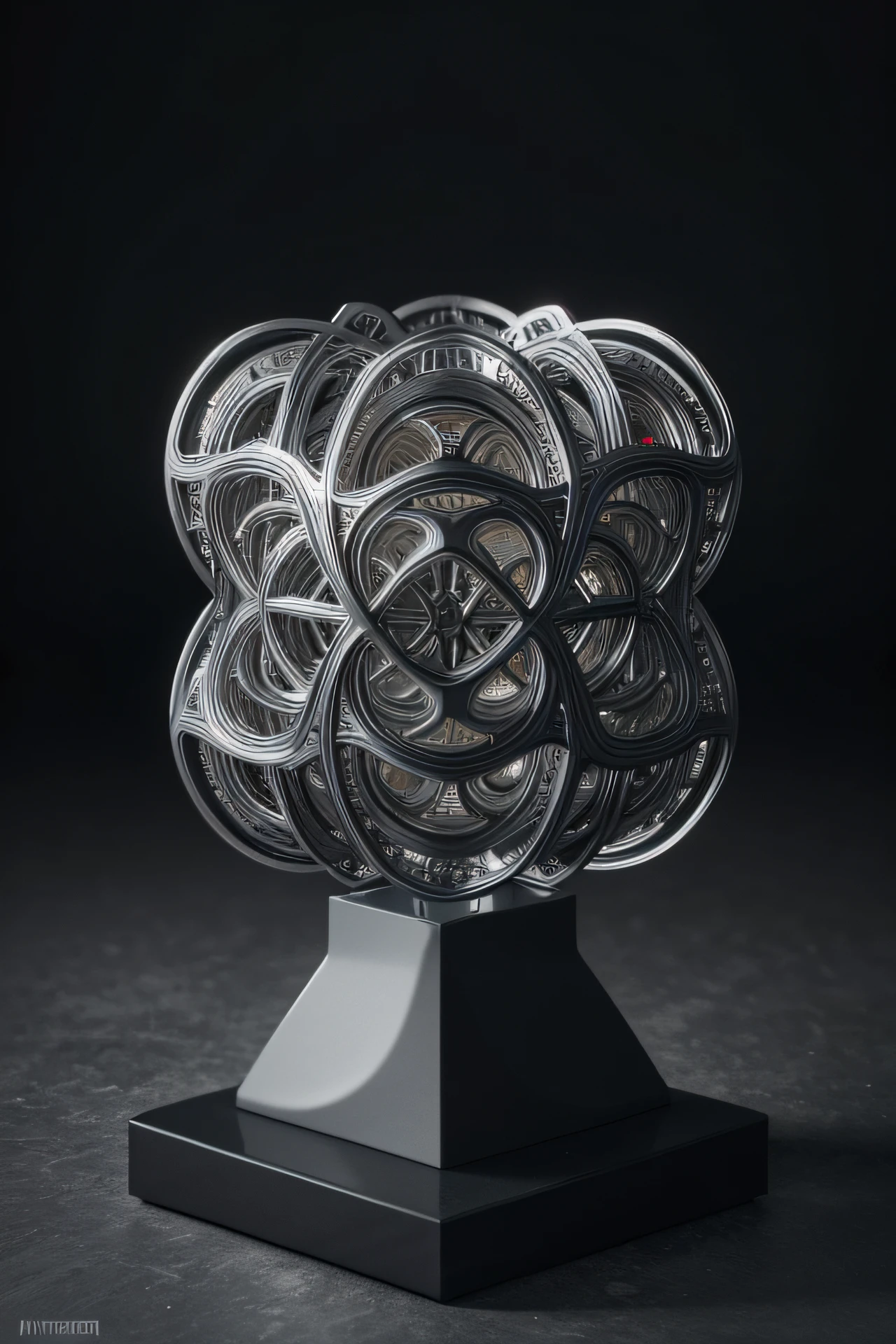 a surreal and fantasy mini statue with electronic printed board surface in entagled structures and twisted forms, a Vasarely art styled surface, silver grey coloured, high sharpness, natural colours, 8K