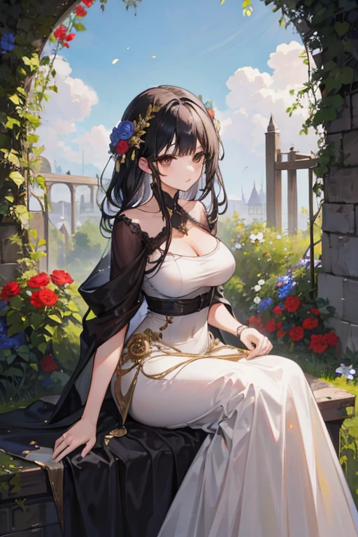 A black haired woman with brown eyes with an hourglass figure is holding a golden rose in a garden in a nice dress