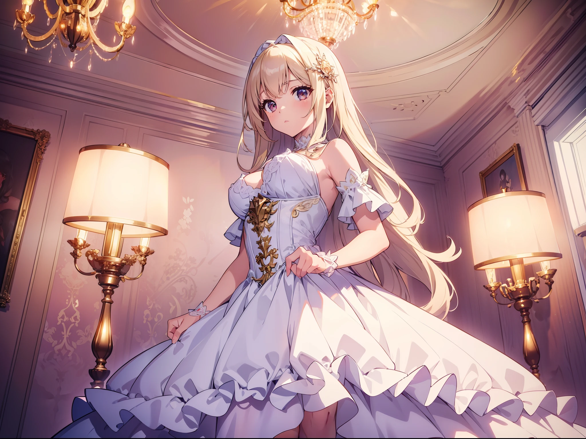 1 cute girl , close to viewer , ((biggest luxurious chandelier)), (ceiling), cinematic lighting,(((Glint))), ruffle dress, dress glove ,((masterpiece)), ((best quality)), ((ultra-detailed)), (illustration), ((an extremely delicate and beautiful))