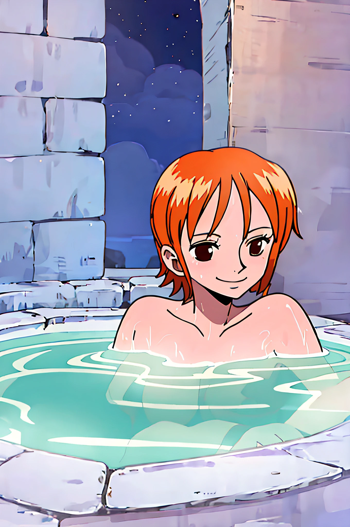 nami, 1girl, solo, breasts, smile, short_hair, large_breasts, brown_eyes, closed_mouth, orange_hair,, night, bath, 浴室, bathing, ducha, nude, desnudo, big breasts